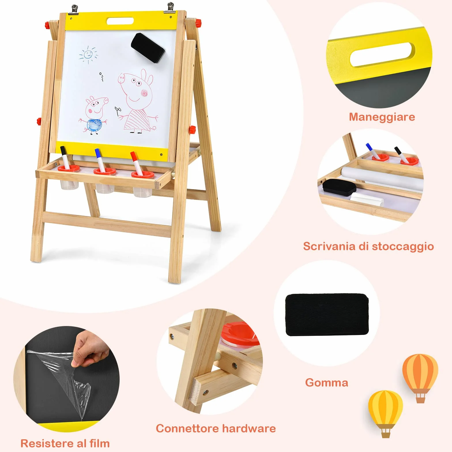 COSTWAY 3 in 1 Lavagna Magnetica per Bambini, Cavalletto da Pittura Pieghevole con Accessori, Altezza Regolabile e Bifacciale, con Vassoio, 50,5x53,5x79-104cm (Giallo)