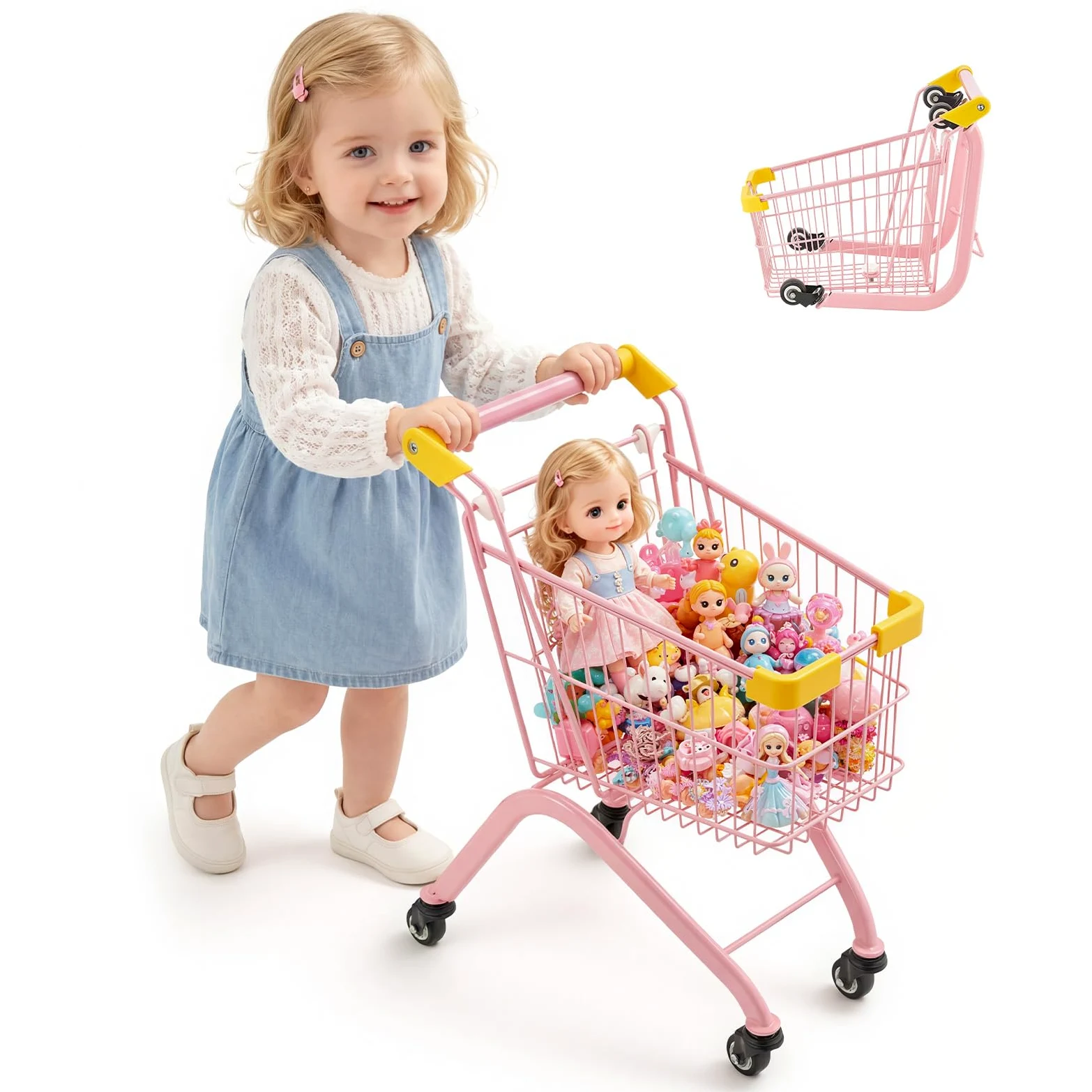 VEVOR Carrello della Spesa Giocattolo per Bambini, Carrello Supermercato Giocattolo, Telaio in Acciaio, Gioco del Negozio con Ruote, Cestino a Rete, Design Salvaspazio, per Bambini dai 3 Anni in Su