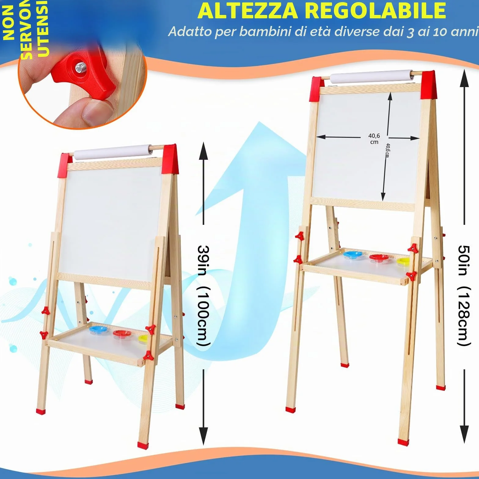 Cavalletto per Bambini in Legno Lavagna Doppia Faccia con Supporto per Rotoli
