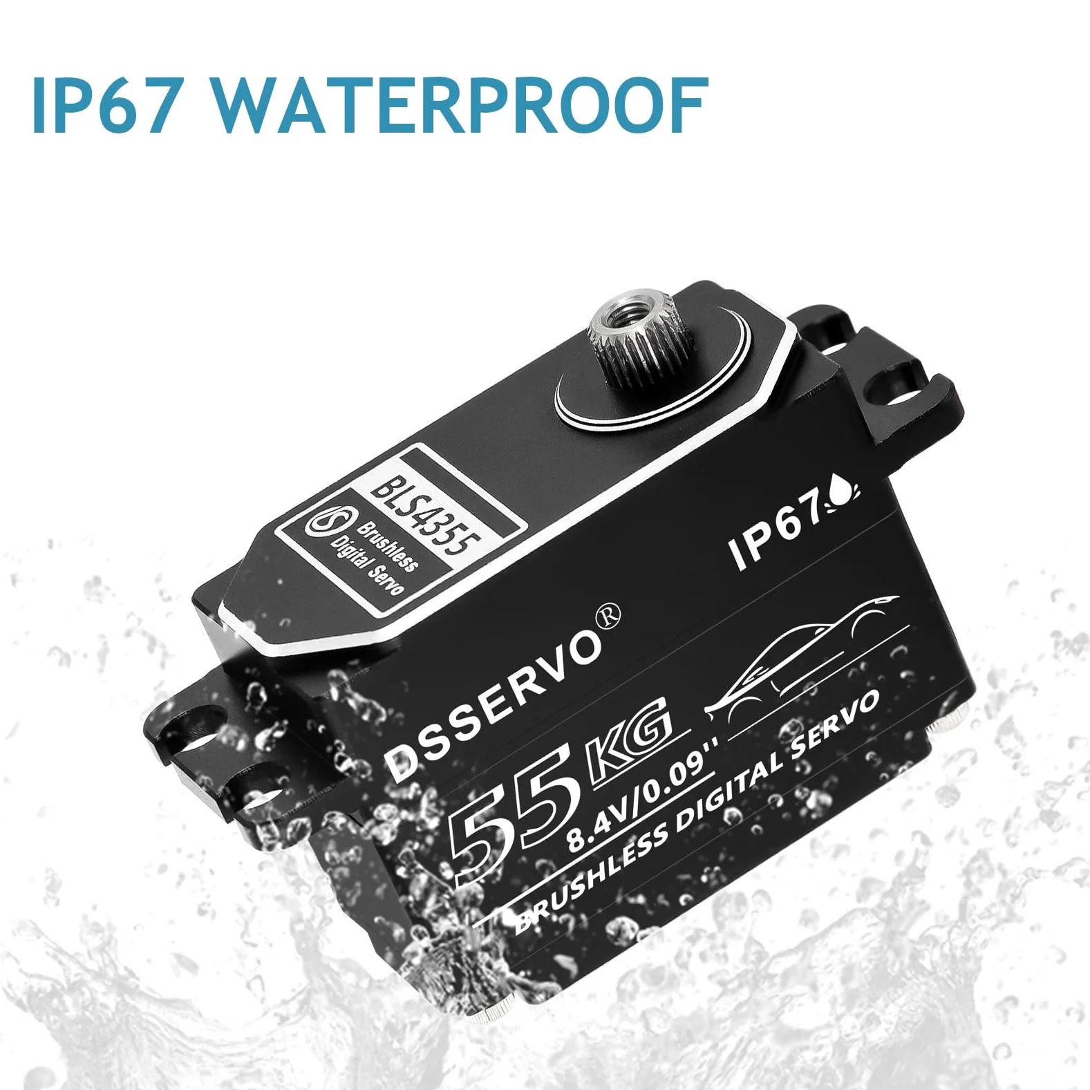 Servo brushless a basso profilo da 55 kg con 2 corno servo 25T tutto il metallo IP67 impermeabile Servo digitale ad alta coppia servo sterzo veloce per 1/8 1/10 1/12 1/14 RC auto, 180 °