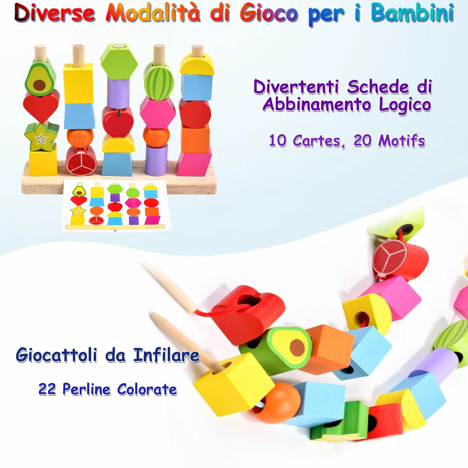 Echehi 2 in 1 Giocattoli Montessori da Infilare per Bambini, Perline da Infilare, Forme da Abbinare, Sviluppo delle Capacità Motorie Fini, Blocchi in Legno da Impilare