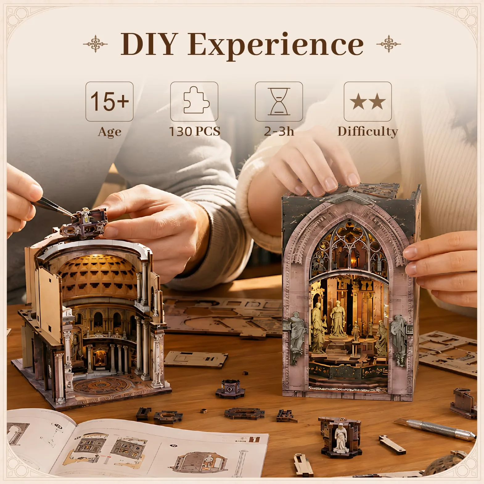MiniCity Set di 2 angoli per libri fai da te, collezione Miniature World, serie di puzzle 3D con chiesa, decorazione estetica per librerie e hobby per bibliofili (Pantheon e Duomo di Mliano)
