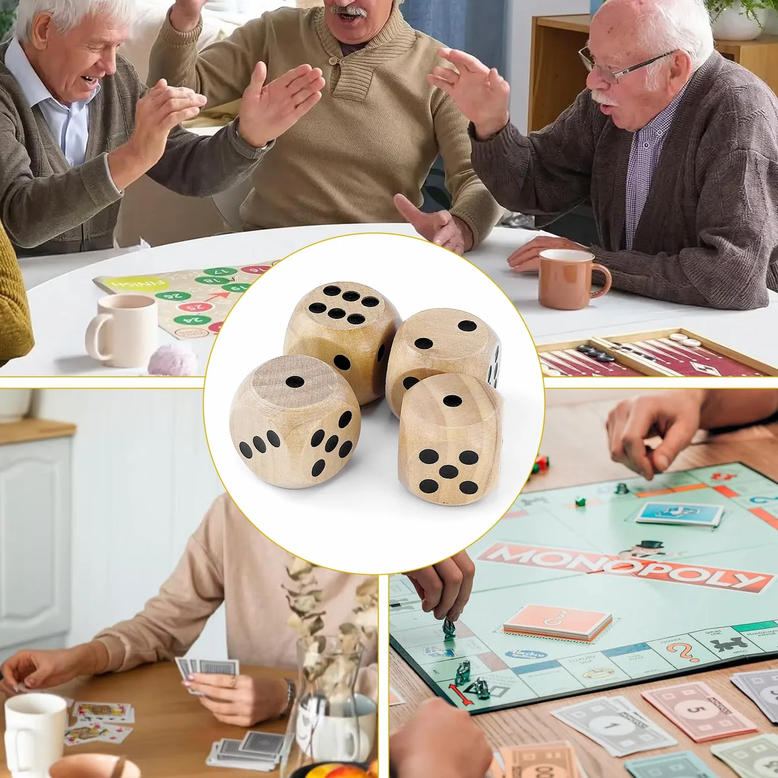 4Pcs Dadi Da Gioco in Legno 30mm,Dadi Da Gioco in Legno Naturale,Giochi Di Carte Accessori Per Giochi Di Società