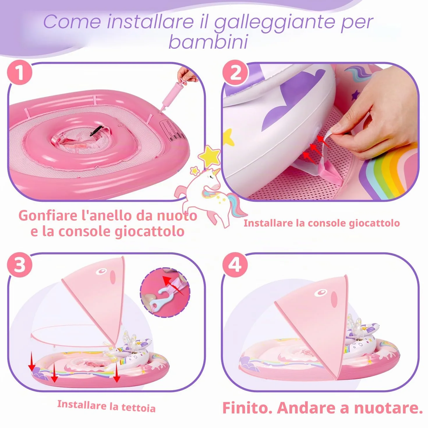 ACELIFE Anello galleggiante per bambini con tettuccio parasole rimovibile e giocattolo, per bambini dai 6 mesi in su, con sedile di sicurezza regolabile, per bambini da 6 a 36 mesi