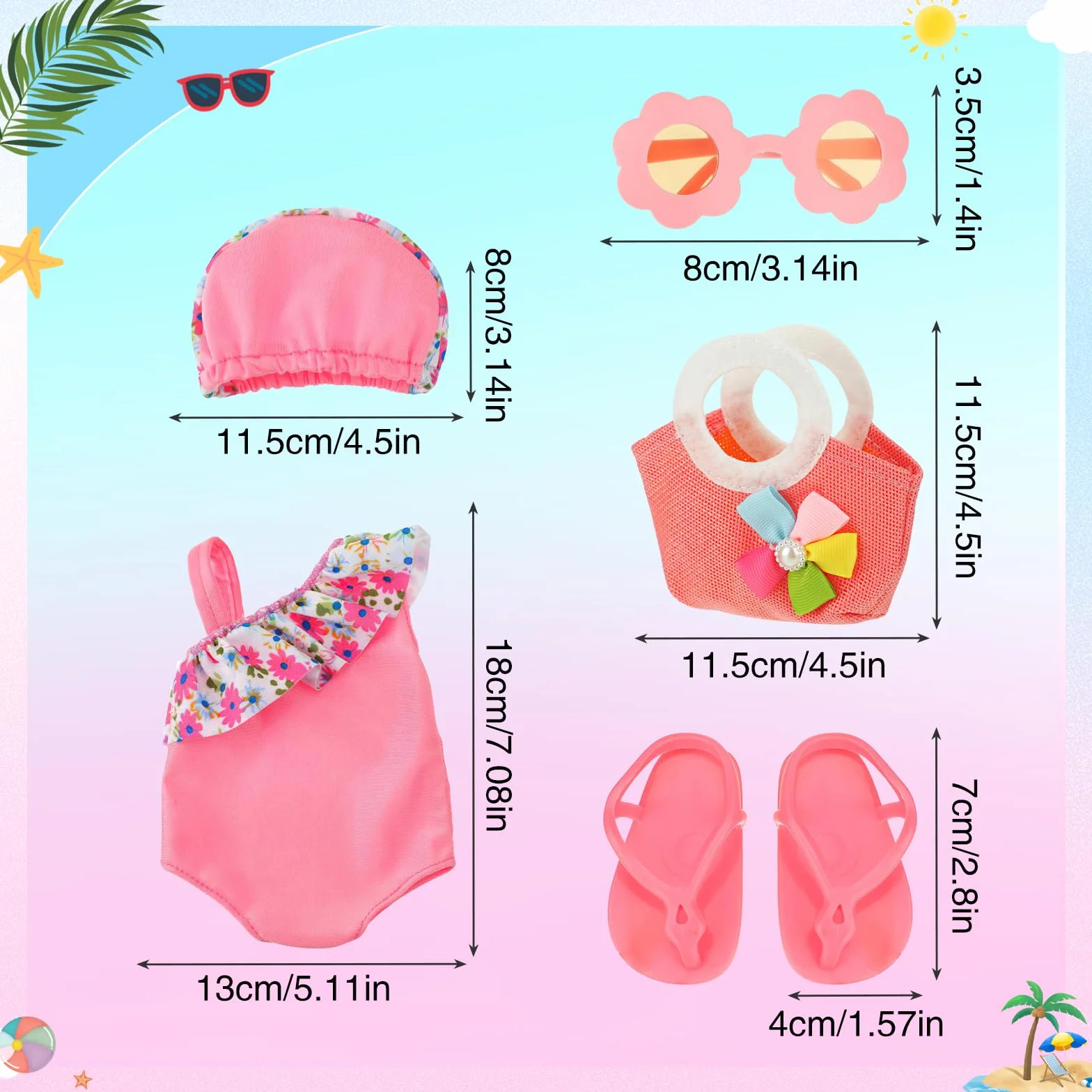 Costume da Bagno per Bambole, Set di Nuoto per Bambole, Vestiti Bambola Estate con Costumi da Bagno, Occhiali da Sole,Cappello, Pantofole, Vestite Bambole Reborn per Bambole 35-45 cm