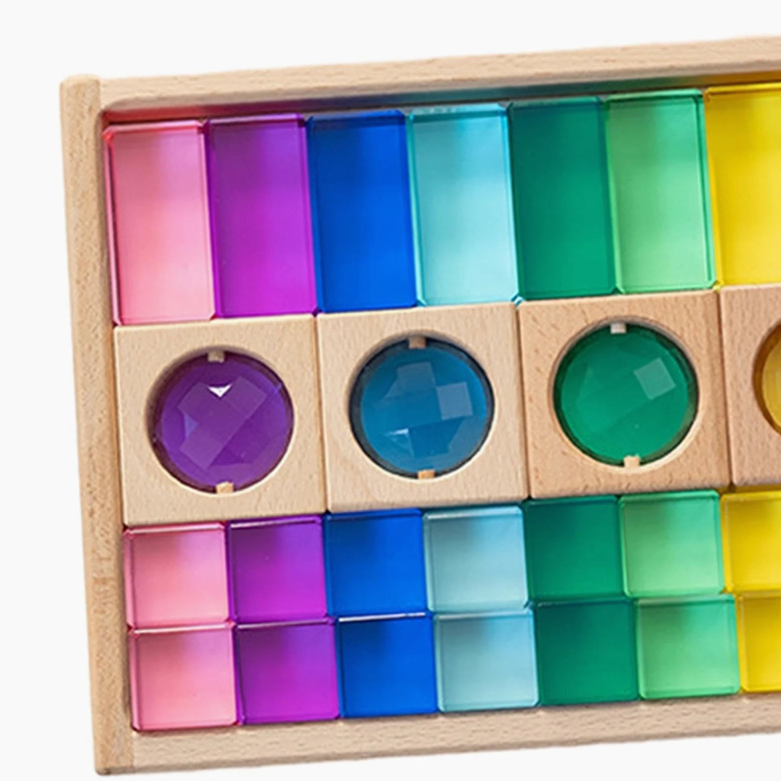 Set di 30 Blocchi da Costruzione Arcobaleno, Gioco di Impilamento, Gioco di Dadi, Cubi in Acrilico Effetto Pietra Preziosa con Base in Legno per Bambi, 35 Pezzi