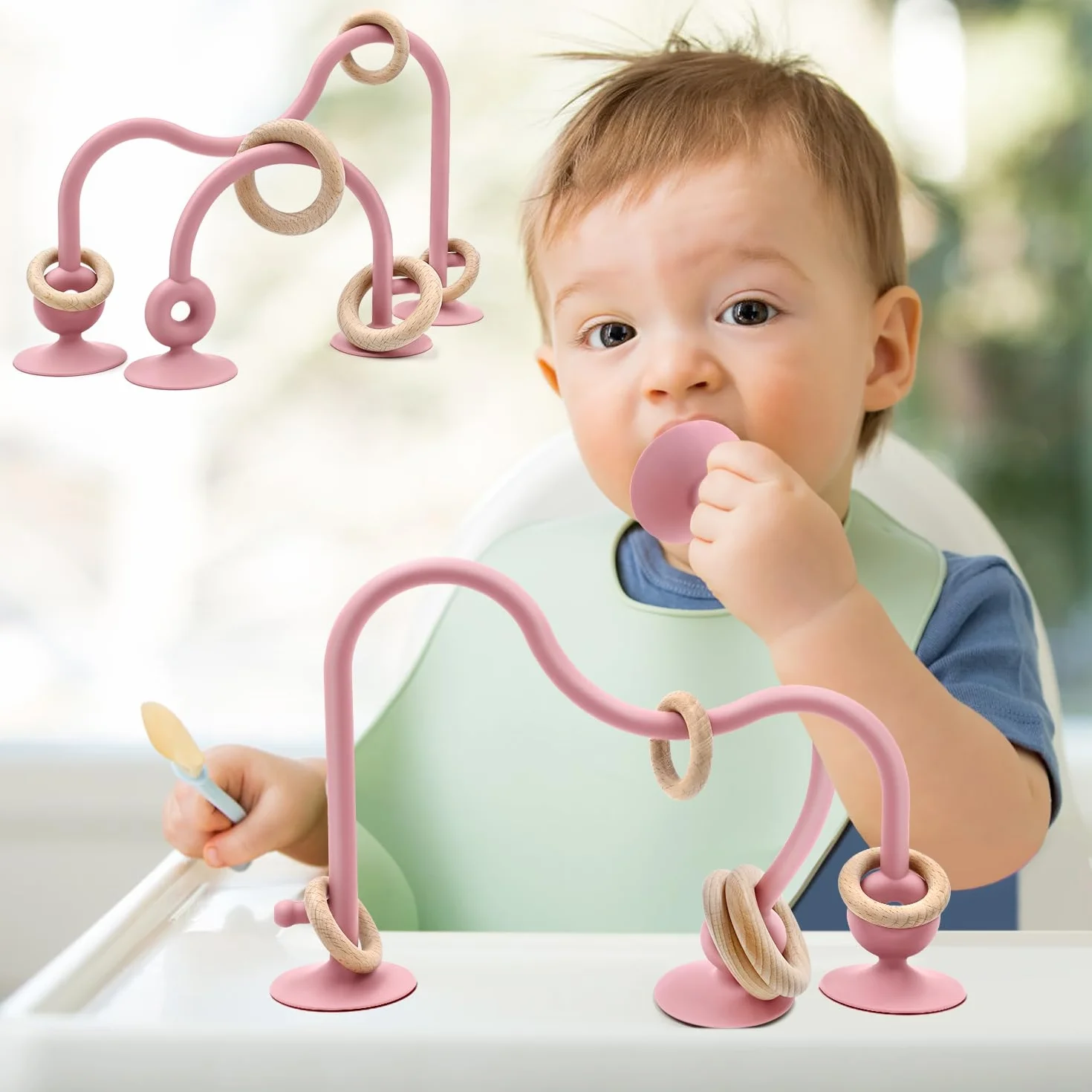 AiTuiTui Giocattolo Sensoriale in Silicone con Ventosa per Neonato 6-12 Mesi, Gioco Interattivo da Tavolo o Seggiolone Bambini 7 8 9 10 Mesi, Giocattolo Educativo per con Anello di Legno (Rosso scuro)