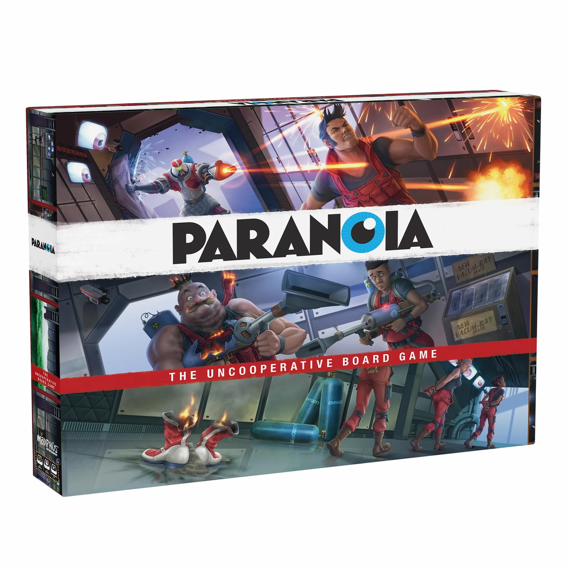 Paranoia: The Uncooperative - Tradimento strategico e sopravvivenza nel complesso alfa, ideale per serate di gioco con adulti, età 14+, 2-6 giocatori, 120 minuti di gioco, prodotto da Modiphius