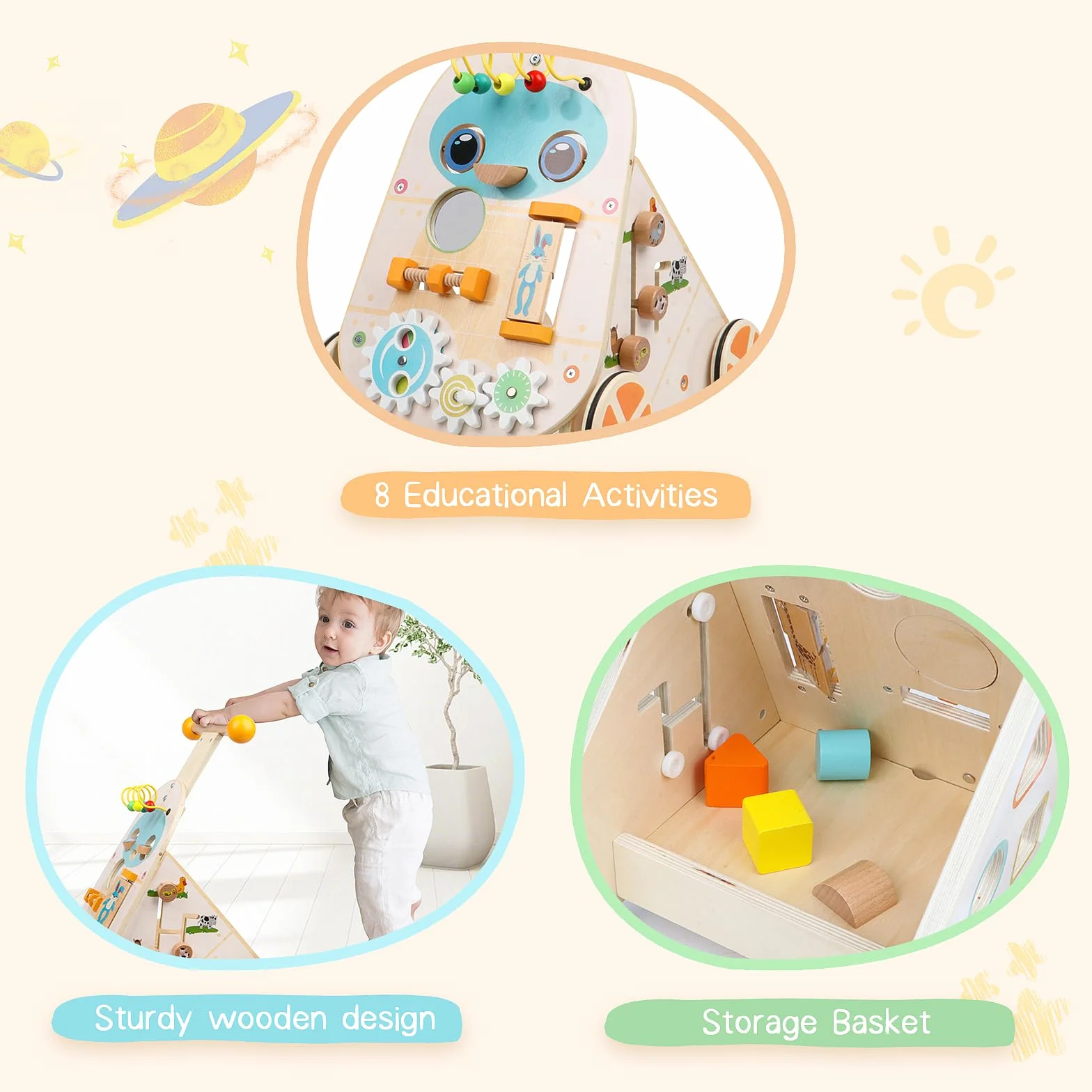 Jacootoys Passeggino di legno per attività, giocattolo per bambini a spinta a velocità regolabile, passeggino di legno da spingere e tirare per bambini, bambine e ragazze di 1, 2 e 3 anni.