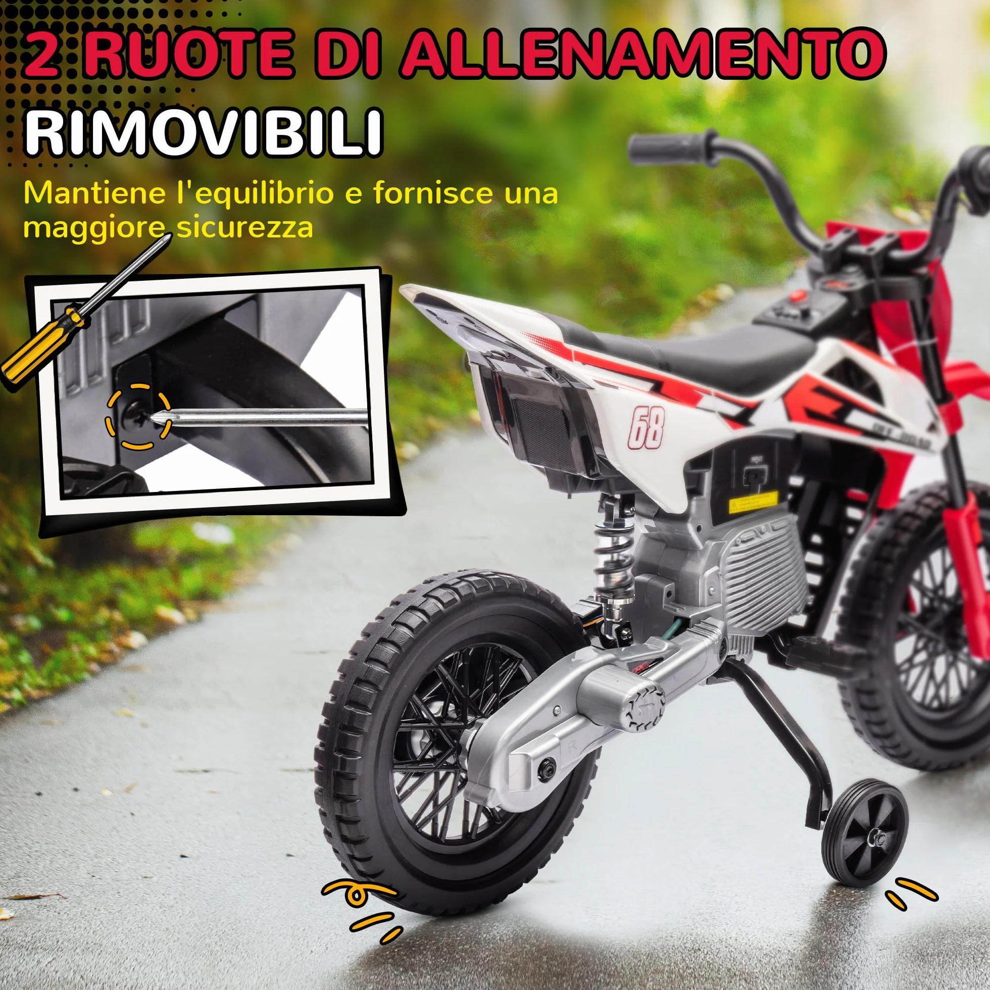 AIYAPLAY 12V Moto Elettrica per Bambini 3-6 Anni con 2 Motori e Acceleratore Manuale, Mini Moto Cross per Bambini con Sospensione, Ruote Rimovibile, Indicatore di Carica, Suoni, 2.4-5km/h, Rosso
