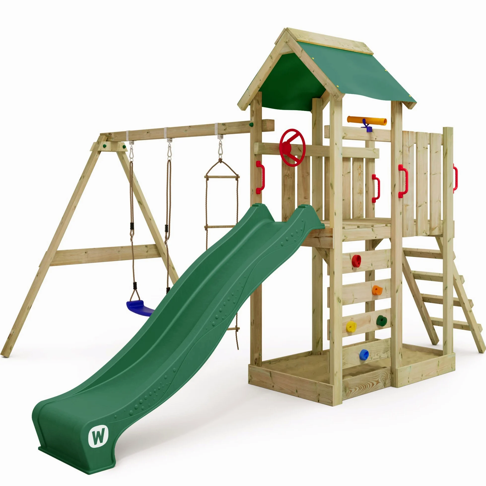 Gioco da giardino WICKEY MultiFlyer con altalena e scivolo verde, struttura da esterno per bambini con sabbiera, scaletta e accessori da gioco