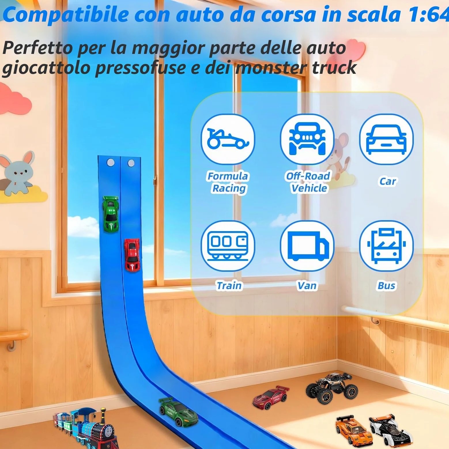 RedCrab Pista da Corsa Flessibile per Bambini, Lunga 5 m Pista da Corsa Flessibile con 4 Macchinine e 4 Ventose, Compatibile con Modellini di Auto Diecast in Scala 1:64
