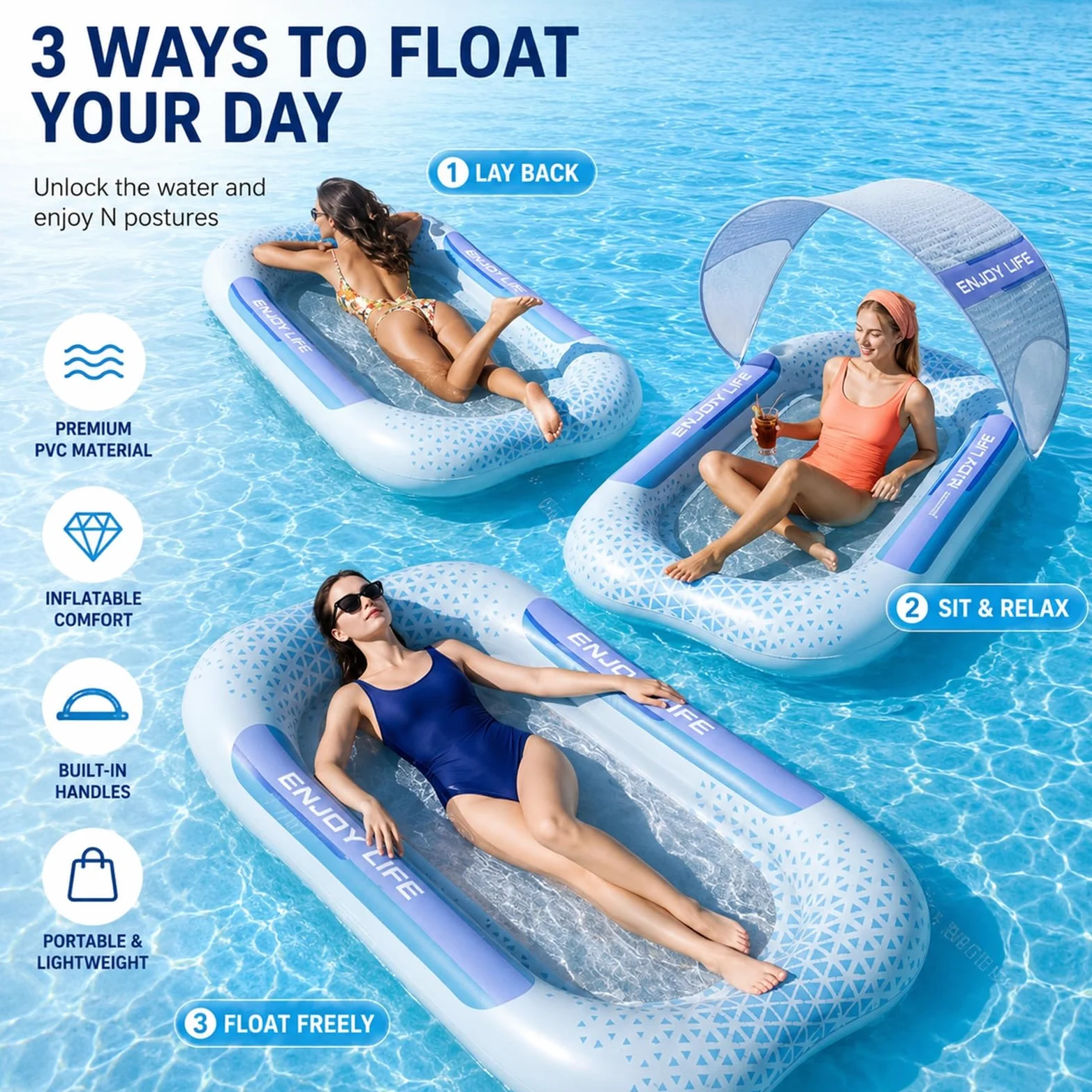 Amaca Gonfiabile, Sdraio Galleggiante con Porta Bicchieri, Zattera Gonfiabile Portatile per Piscina, Spiaggia, Lago e Attività Acquatiche All'aperto