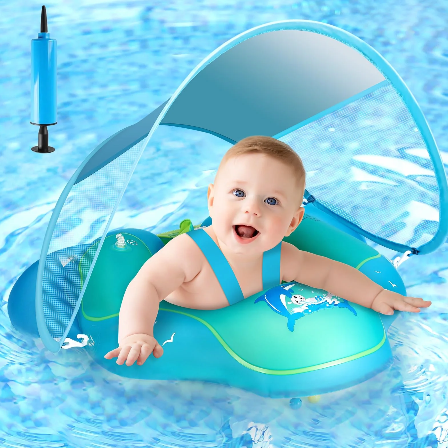 Salvagente Neonato con Parasole, Salvagente Gonfiabile per Bambini, Salvagent Gonfiabile per Piscina Regolabile Doppio Airbag Anello, Anello di Nuoto per Bambini per Bambini da 6 a 36 Mesi