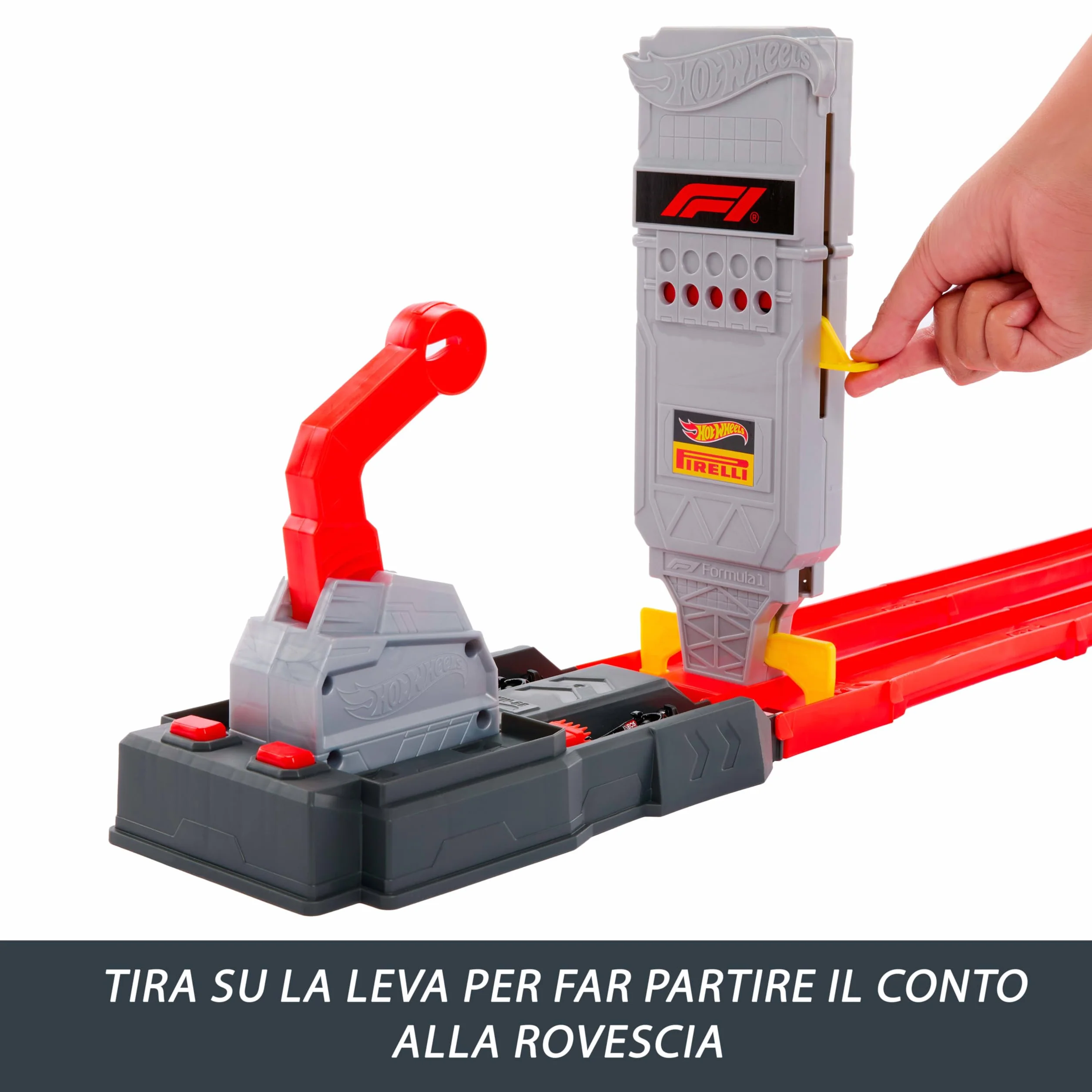 Hot Wheels Racing Formula 1 - Griglia di Partenza, set pista con 2 macchinine da F1 incluse, griglia e torre di partenza con lanciatori e bandiera a scacchi, 3+ anni, JKM88
