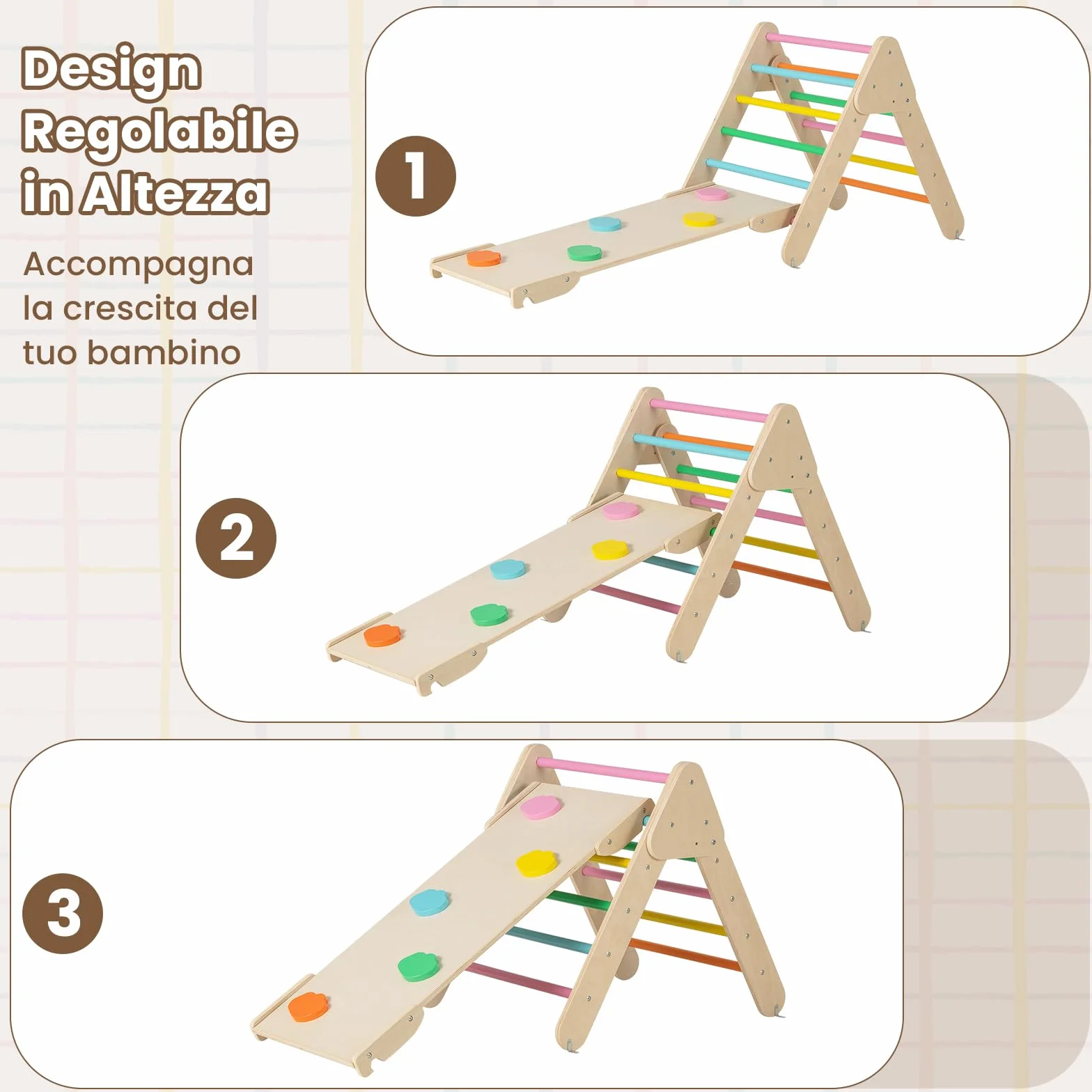 RELAX4LIFE 4 in 1 Triangolo da Arrampicata con Scivolo per Bambini, Arco da Arrampicata e Scala per Arrampicarsi in Legno, Montessori Giocattoli Bimbi 2 3 4 5 Anni (Colorato)