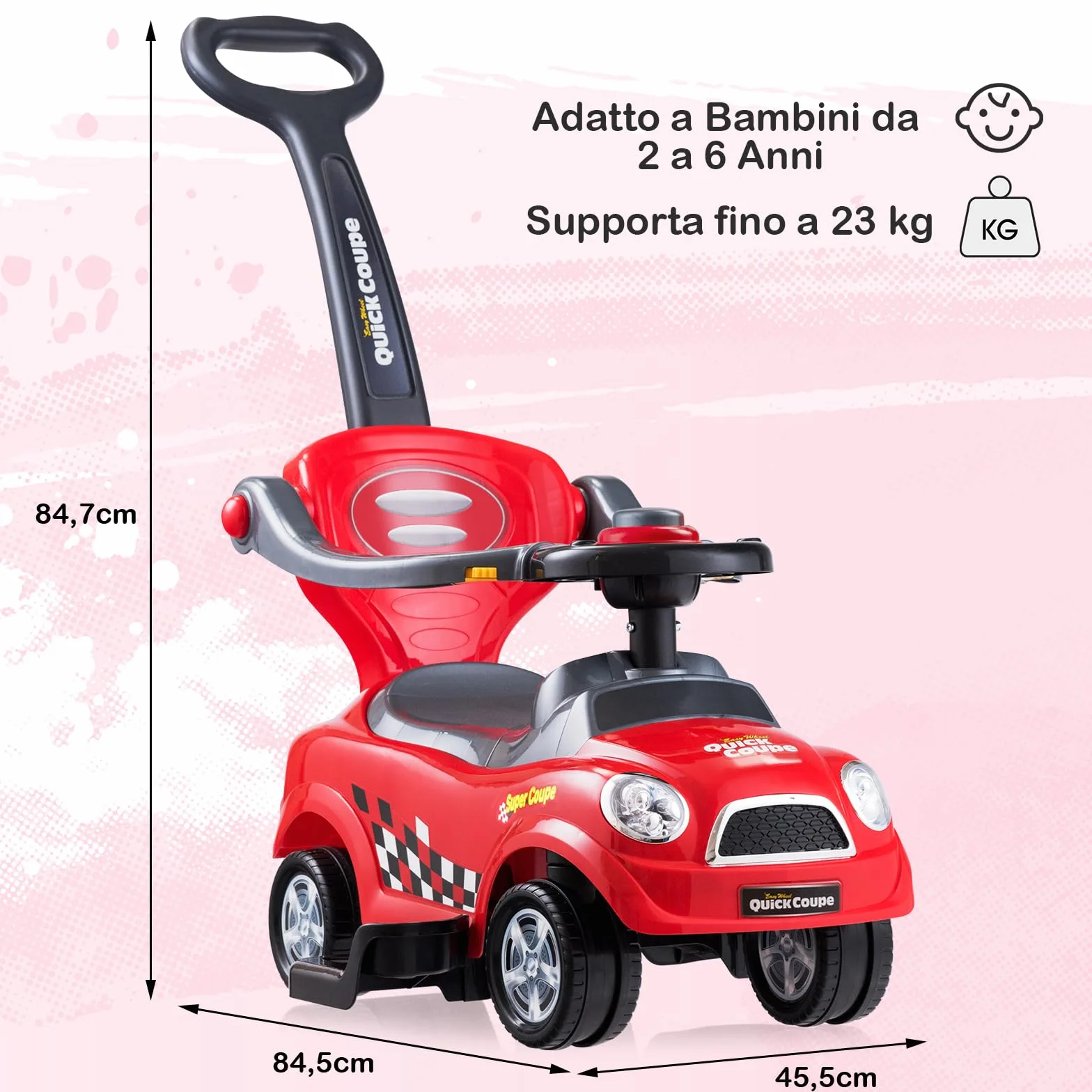 COSTWAY Macchina Cavalcabile a Spinta 3 in 1 per Bambini, con Guardrail Staccabili e Clacson, Design Anti-ribaltamento, Rosso