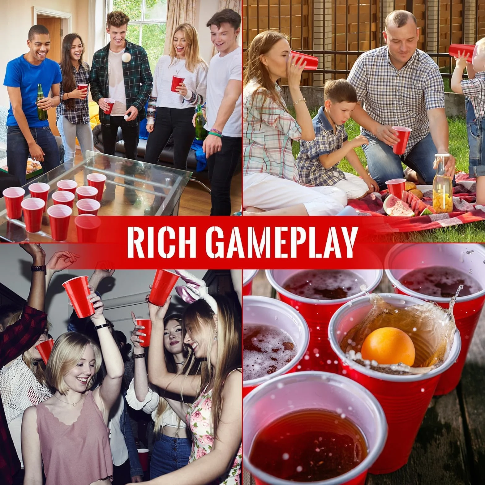 Set di Bicchieri da Birra Pong, 50 Bicchieri Beer Pong(500ml) e 6 Palline da P ing Pong, Bicchieri riutilizzabili, per Giochi di bevute, Feste, Compleanni, Festival, Matrimoni, Campeggio(Rosso)