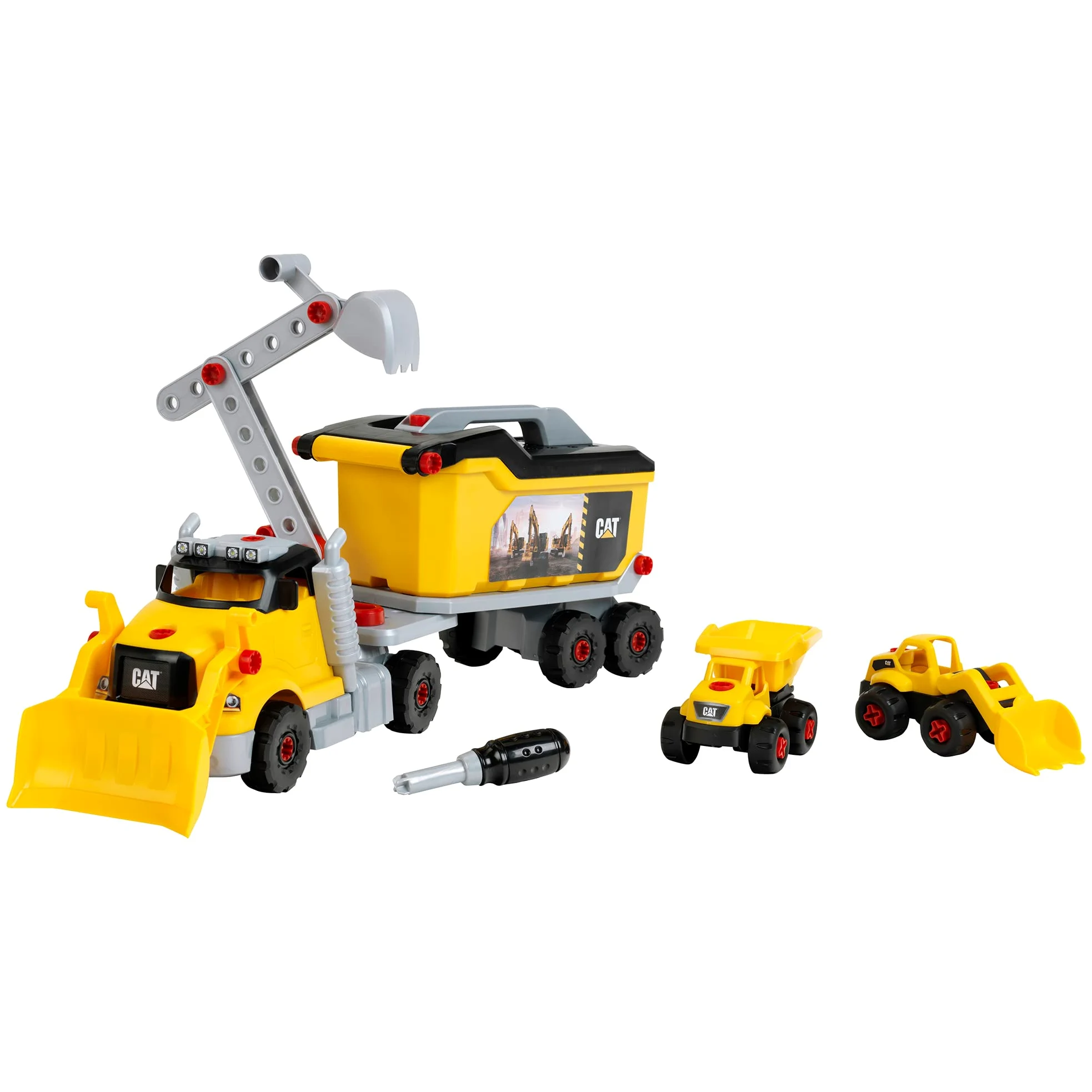 Theo Klein 3252 Caterpillar - Camion svita-avvita 4 in 1 I Gioco di costruzioni con scatola degli attrezzi I Con escavatore e autoribaltabile I Giocattolo per bambini dai 3 anni