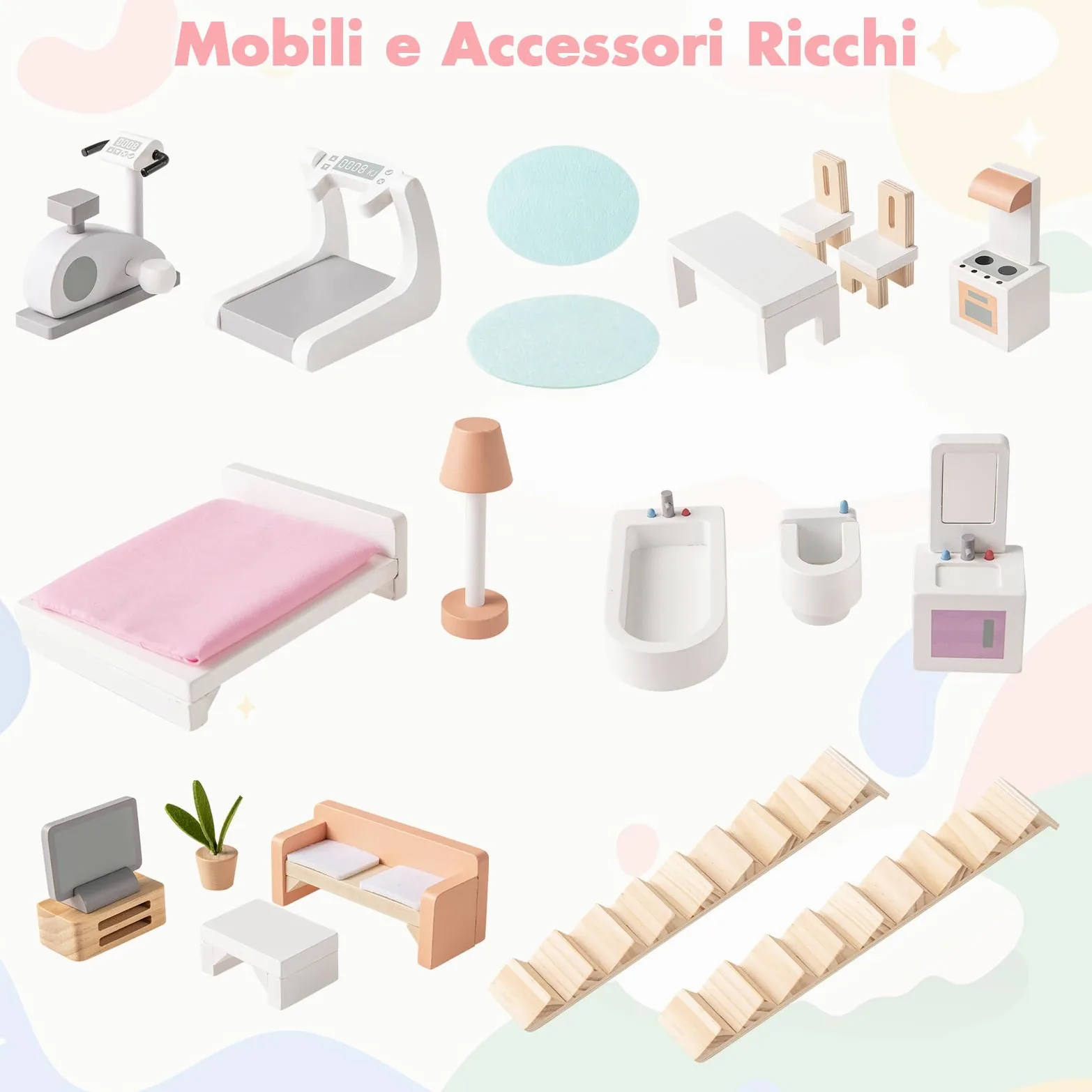 COSTWAY Casa delle Bambole in Legno, Casetta delle Bambole a 3 Piani con Tetti Rimovibili, Porte Apribili, Finestre Squisite 5 Stanze e 19 Accessori, Regalo per Bambini 3+ Anni
