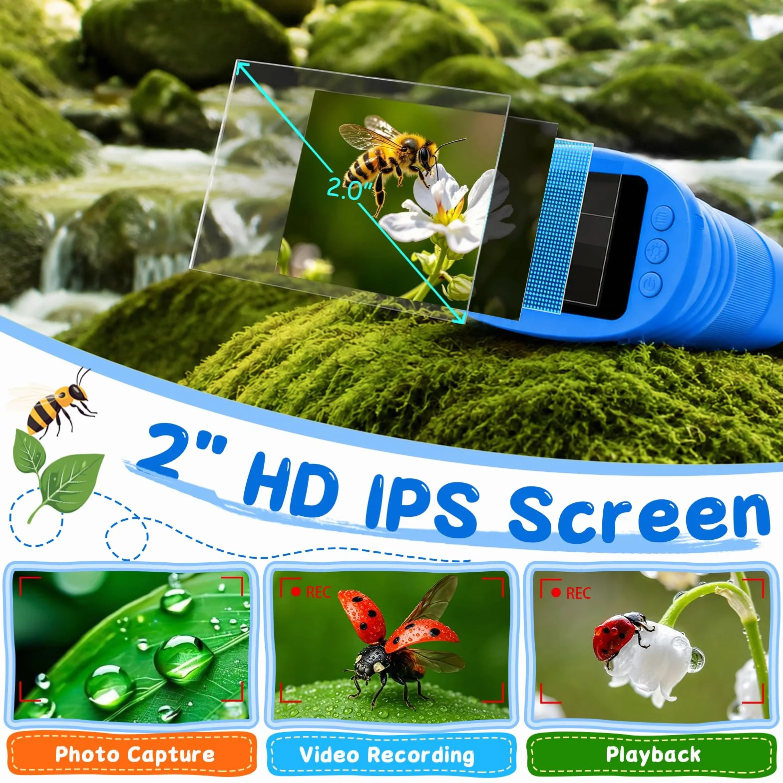 Microscopio Digitale Bambini 1000X, Microscopio Portatile con Schermo IPS 2 Pollici, 8 LED Luce Regolabile, Foto e Video, Regalo di Compleanno per Bambini Ragazzi e Ragazze (Blu)