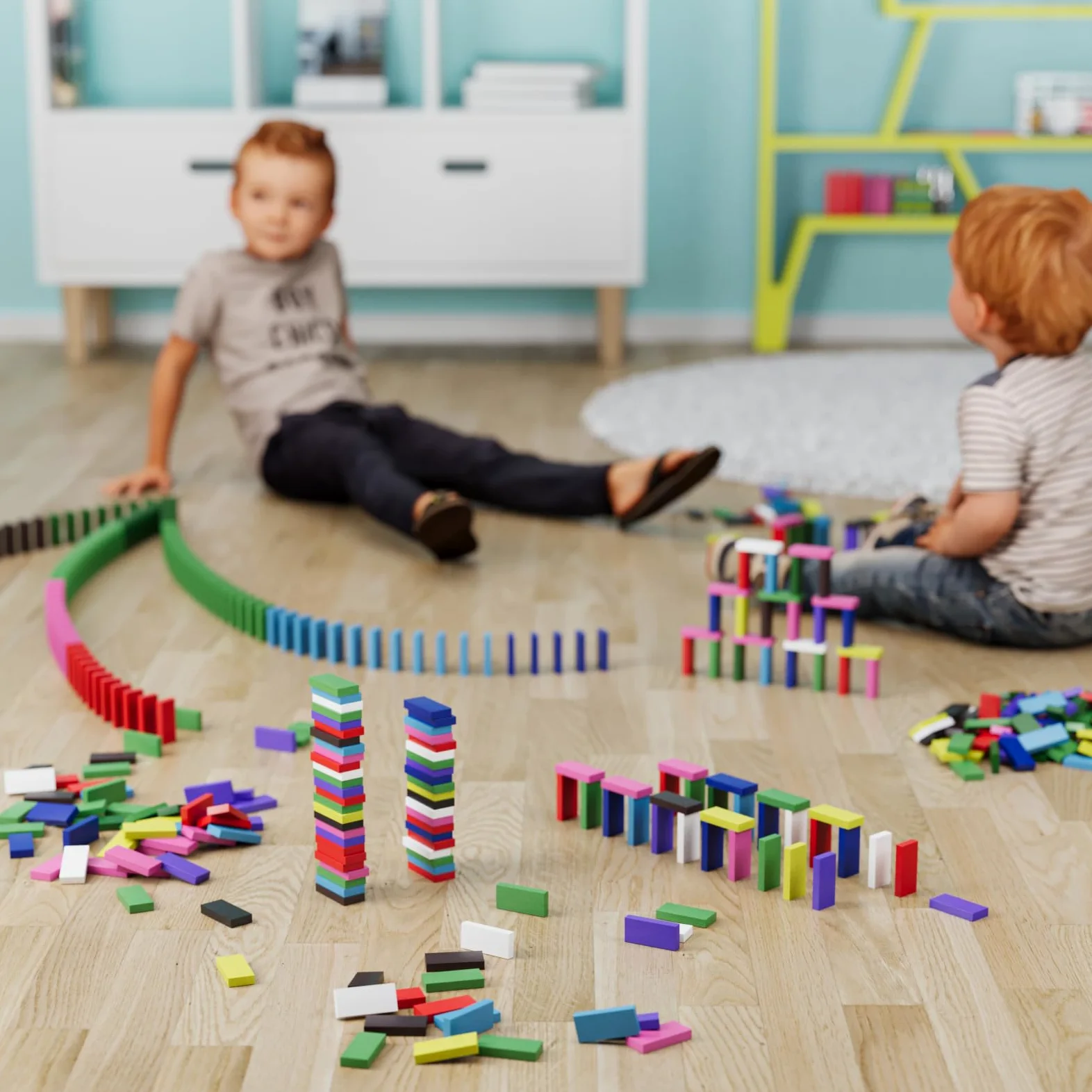 WELLGRO Domino - Mattoncini da costruzione in legno di pino ecologico, con sacchetto, blocchi di legno, colore atossico, numero di pezzi: 1200 pezzi