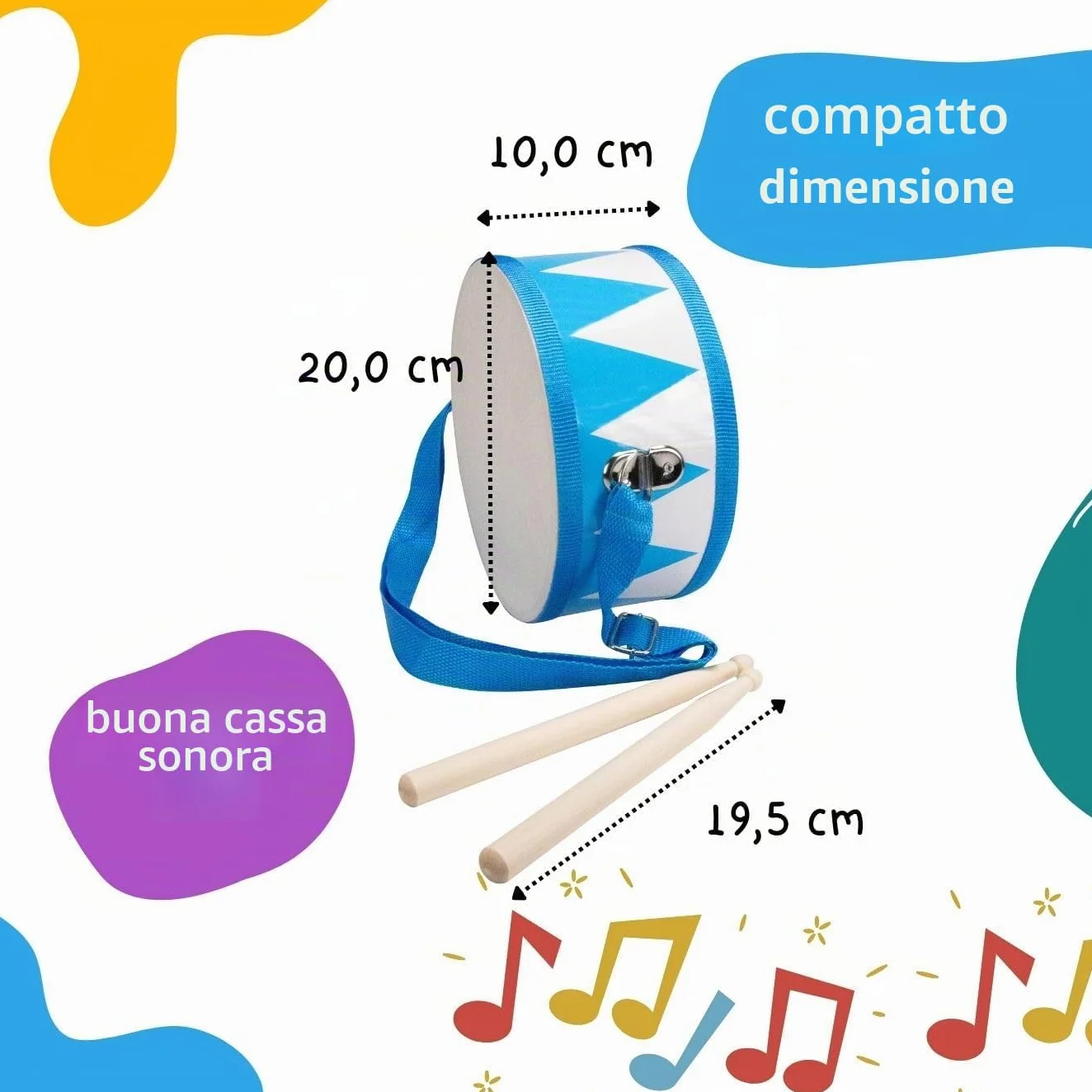 Tamburo per bambini blu bianco strumento musicale in legno con tracolla e bastoncini D: 20 cm - 3845