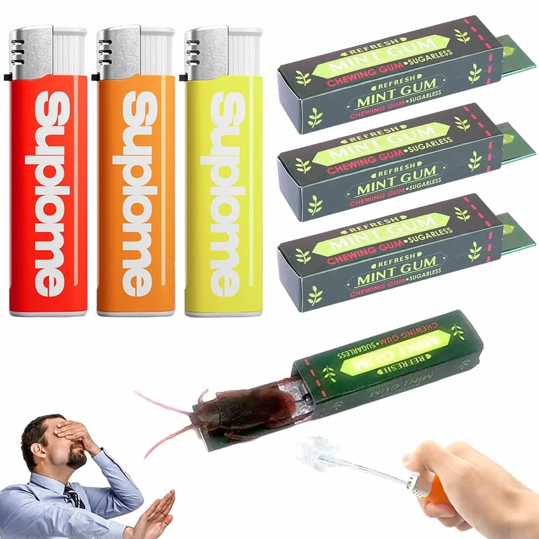 3 Pezzi Set di scherzi, Accendino a Pistola ad Acqua And Gomma da Masticare scherzosa, Giocattolo di Scherzo, Pistola a Spruzzo ad Acqua, Scherzi Divertenti, Piccoli Giocattoli