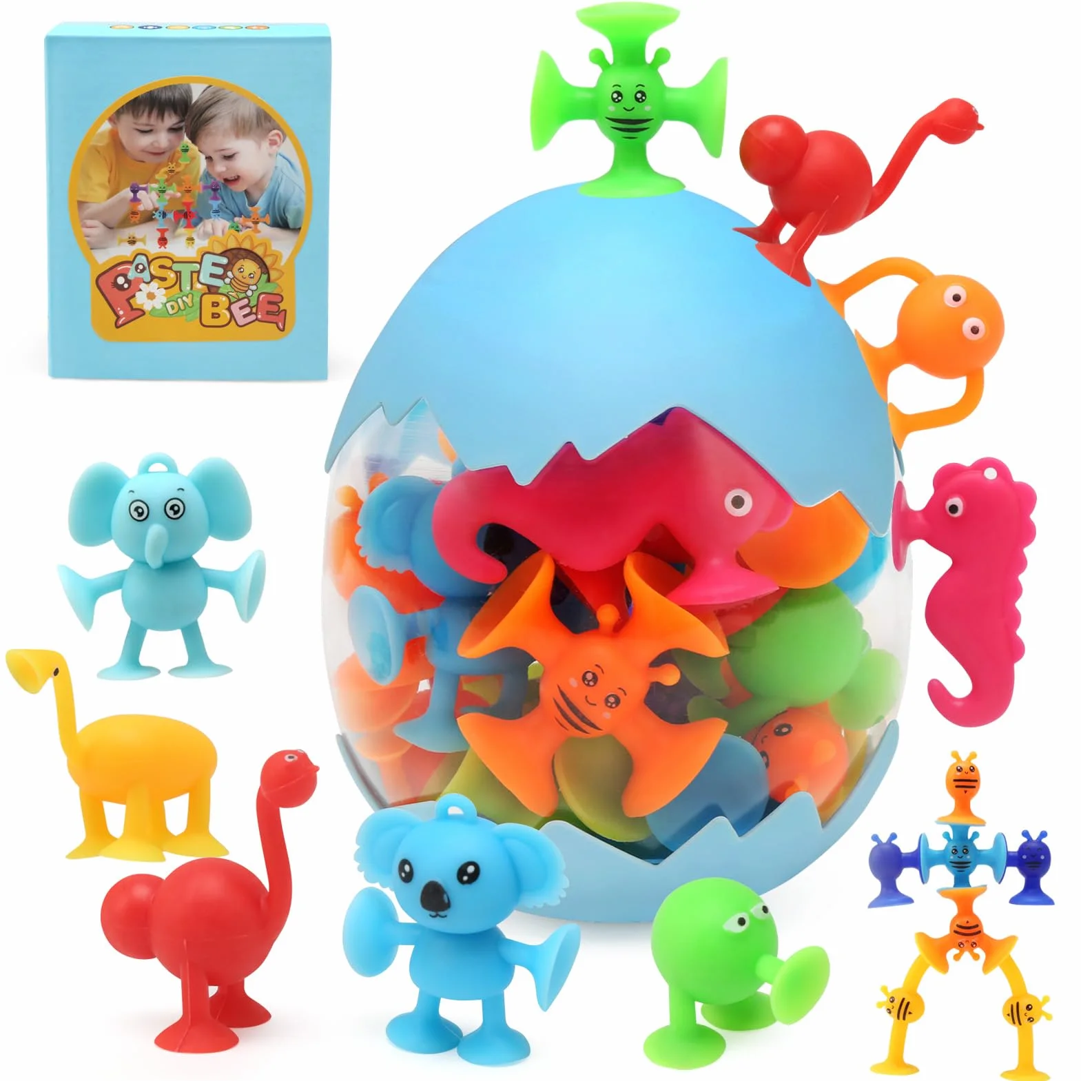 Giochi Bagnetto Neonato, 26 Pezzi Giocattolo a Ventosa in Silicone con Organizzatore, Giocattolo Sensoriale da Viaggio Giocattoli Bagno Educativi Regalo per Bambini 3 4 5 6 7 Anni