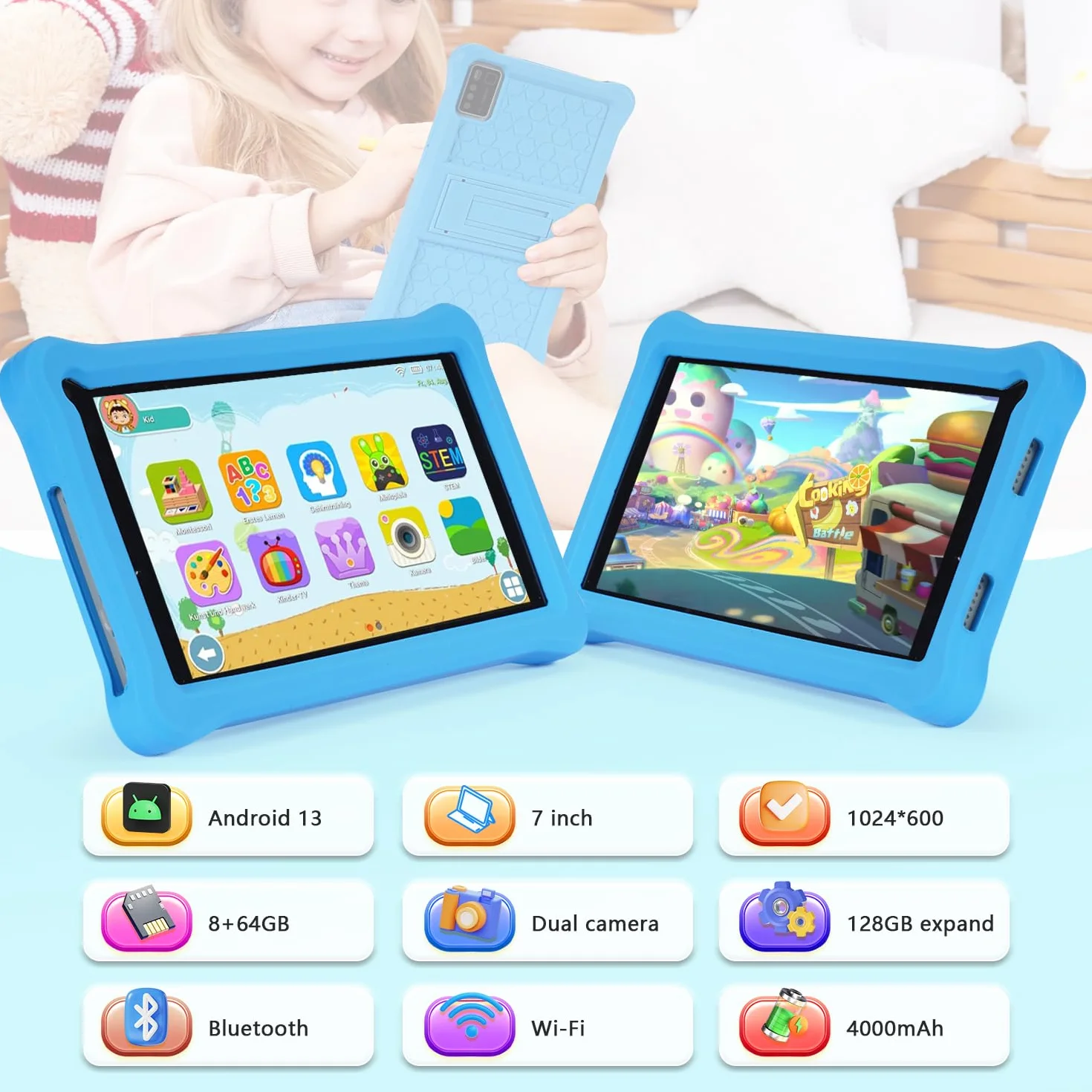 Tablet bambini 7 pollici Android 13, 8GB RAM+64GB ROM(128 GB Espandibile), Controllo Parentale, Display IPS, Doppia fotocamera, WiFi, App Pre-installed, Tablet Educativo con Custodia (Blu)