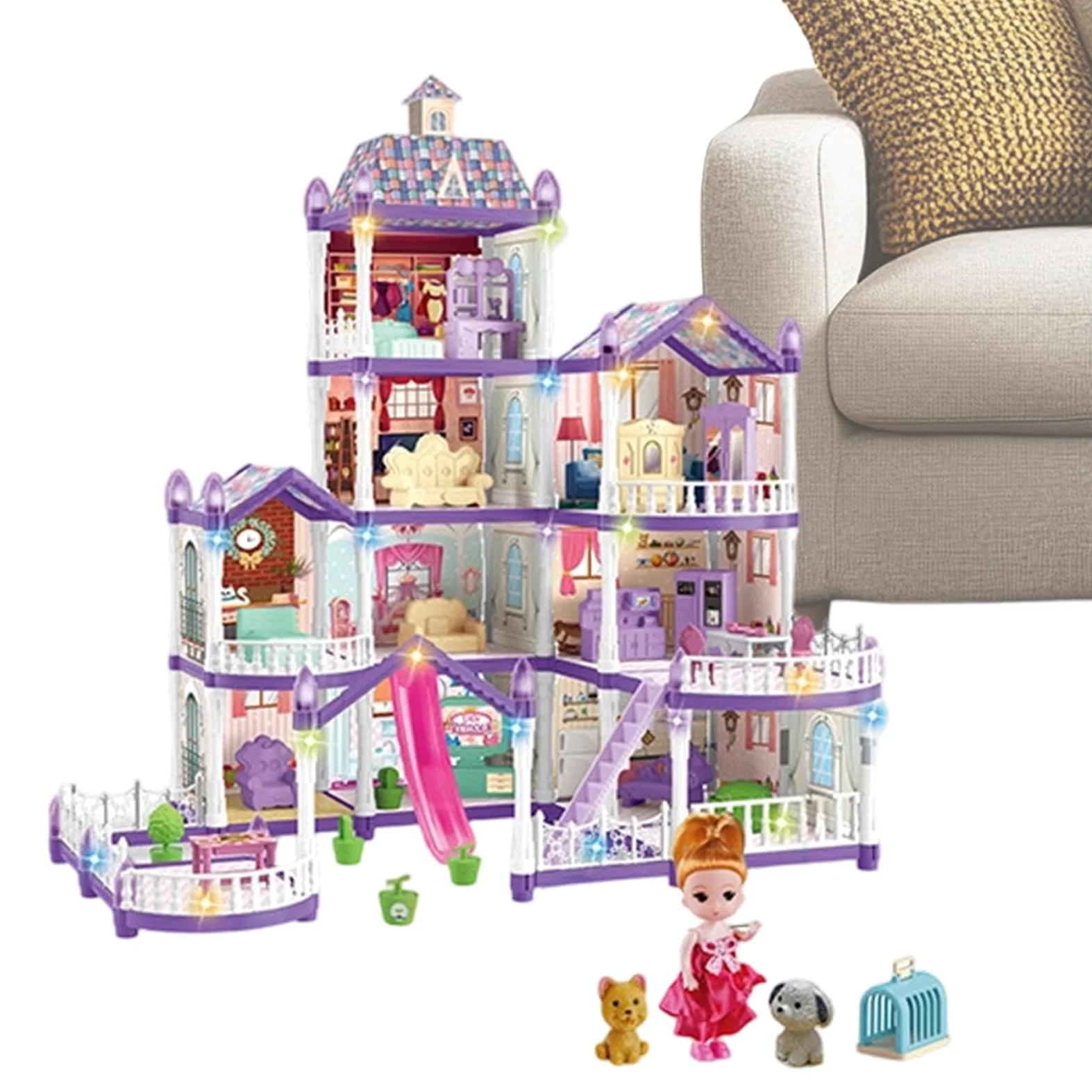 Casa delle Bambole 4 Piani 13 Stanze Villa Miniatura Da Montare | Con 3 Principesse E 2 Cuccioli, Arredamento E Set Per Bambini Per Bambine E Bambini 4 6 Anni Giochi Di
