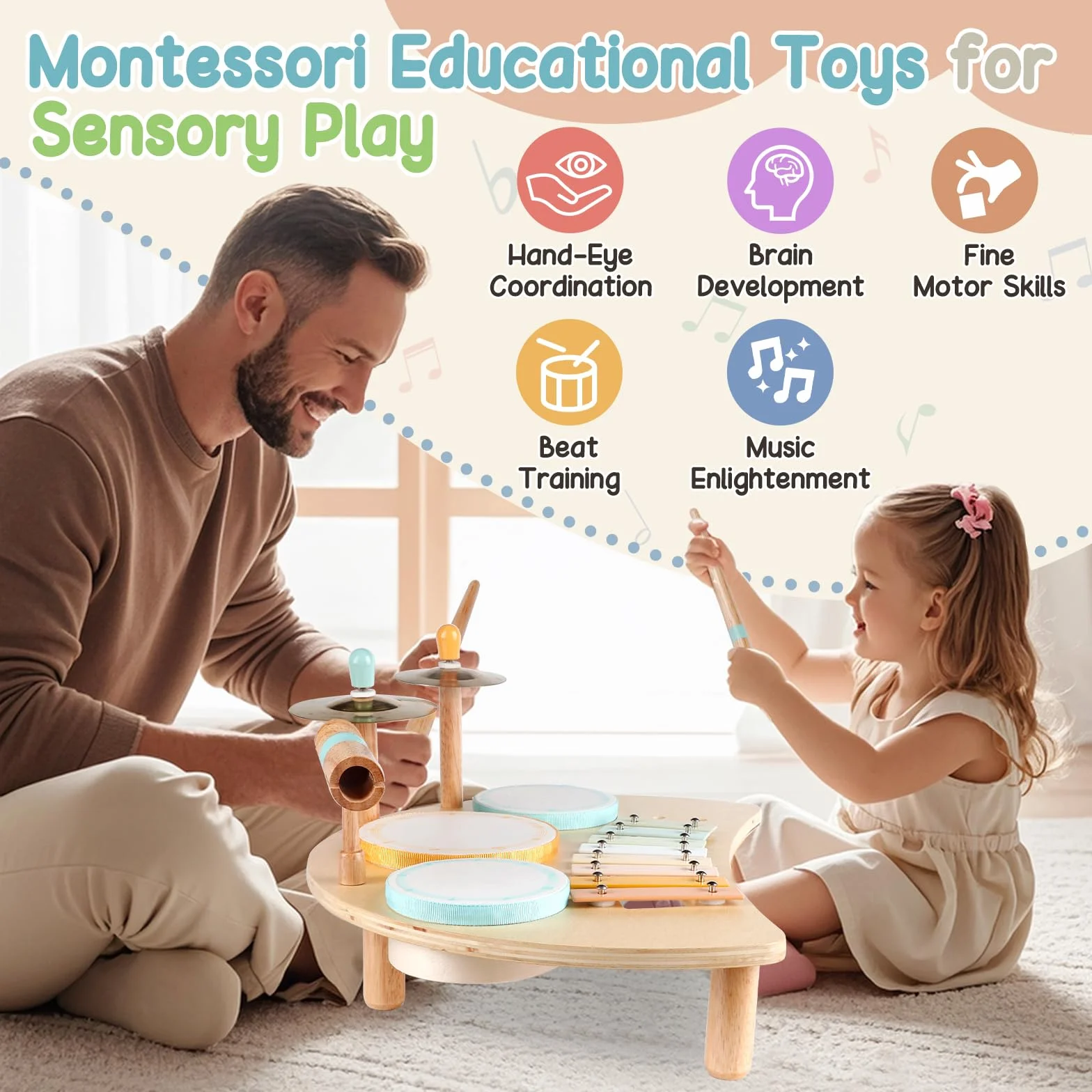 Set di batteria per bambini - Strumenti musicali per bambini da 1 a 3 anni, giocattoli musicali educativi per bambini in età prescolare, giocattoli montessori per bambini di 3 anni e più