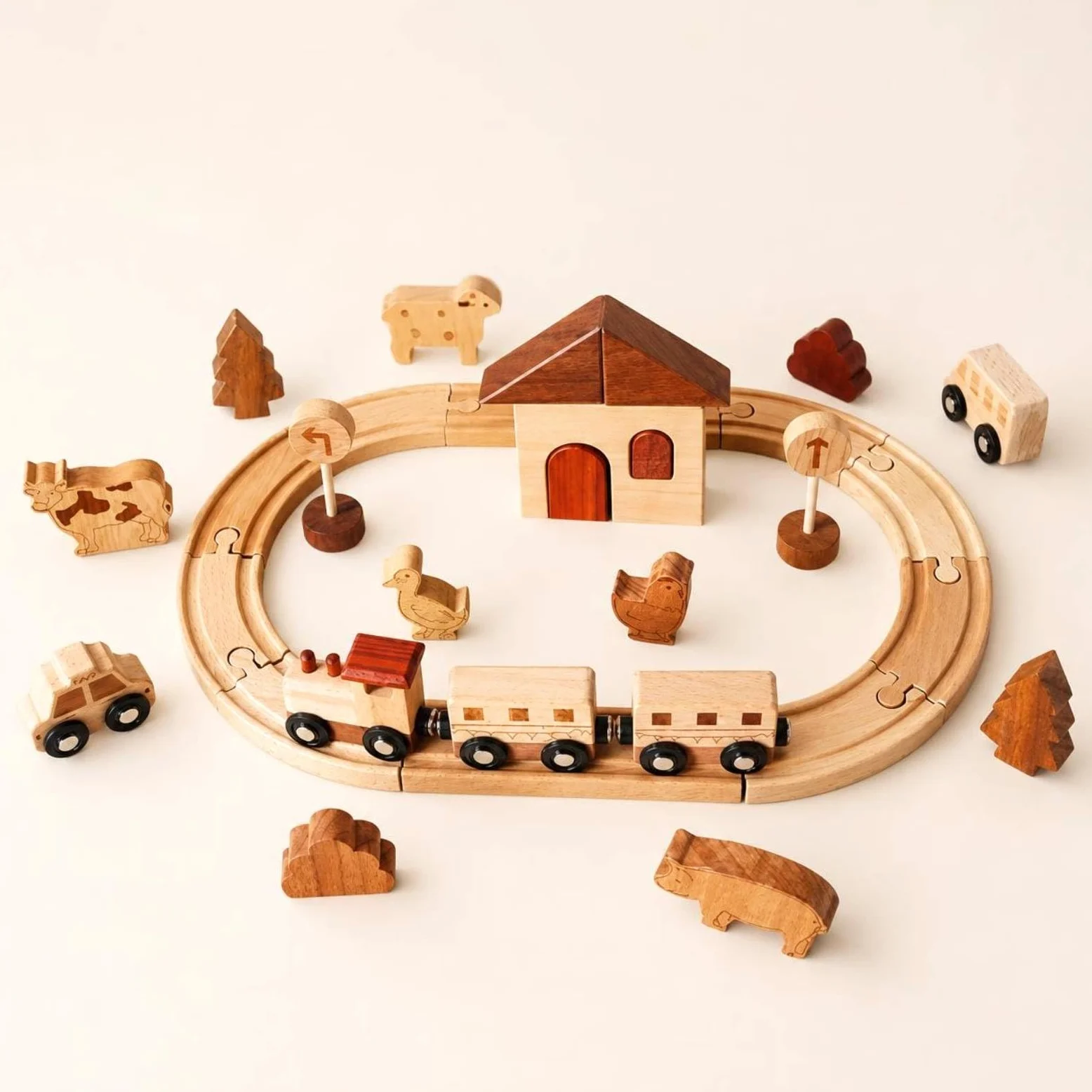 kowaku Set Ferroviario Legno Colori Rosso Marrone e Beige Pezzi Ad Incastro Trenino Giocattolo in Legno per Bambini