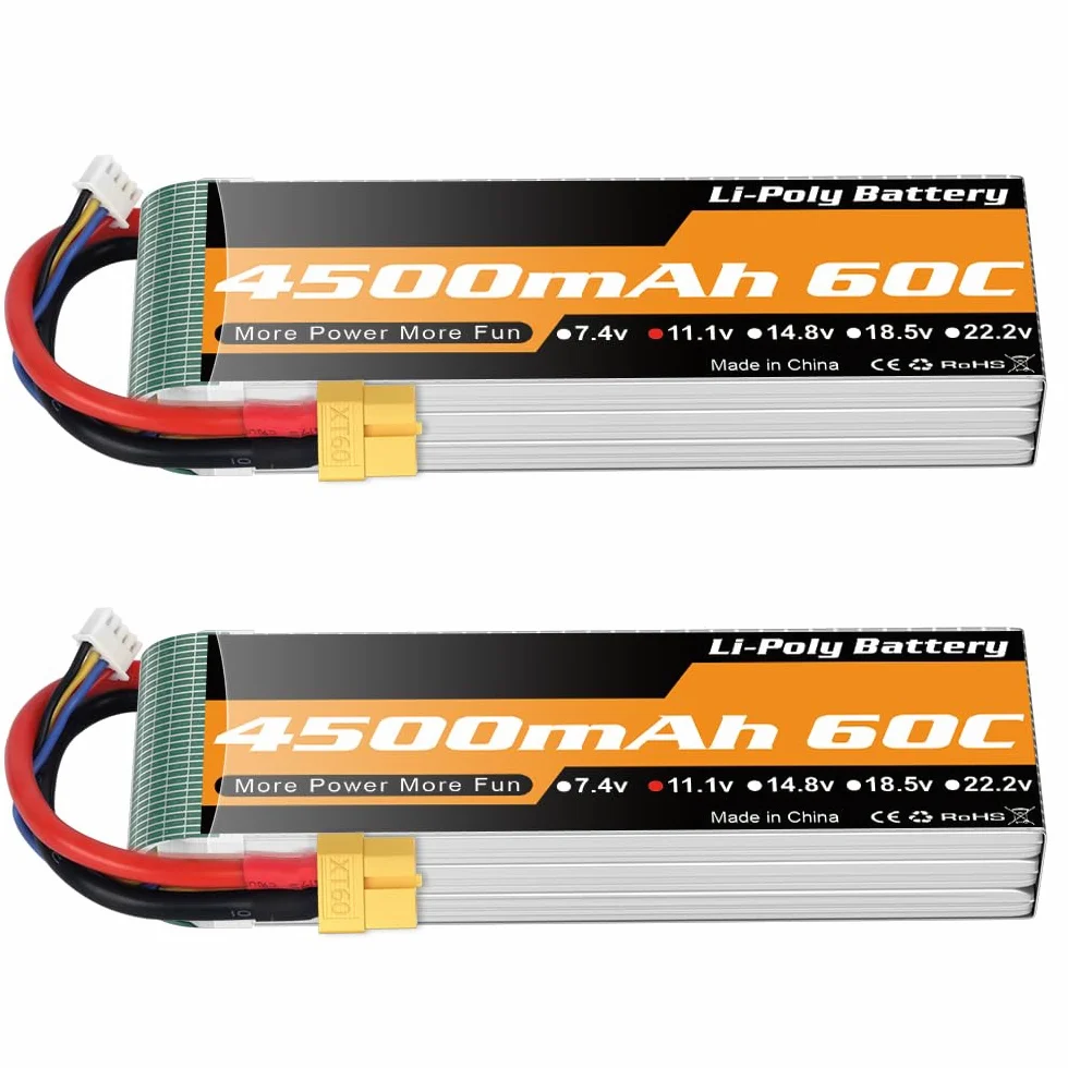Youme Batteria LiPo 11.1V 3S 4500mAh 60C XT60 per auto droni barche RC 2pz | Batterie LiPo RC 11,1V 3S 4500mAh 60C custodia soft XT60 per auto camion buggy veicoli barche aerei elicotteri e droni RC