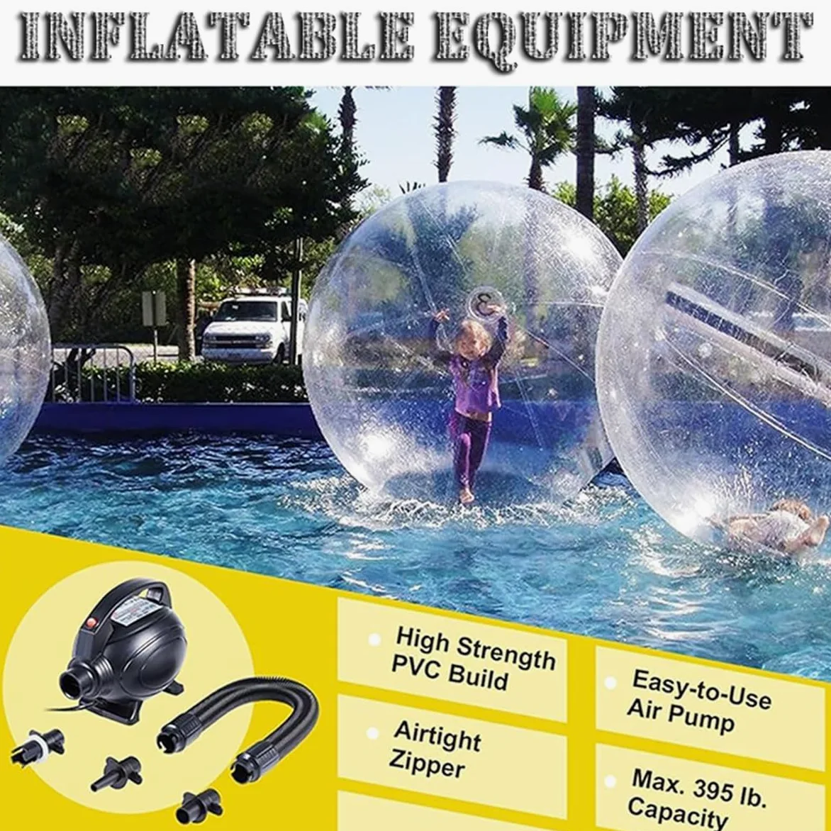 Palla gonfiabile da passeggio in acqua da 1,5/1,8/2/2,5 m, in PVC, per spiaggia e attrezzature per l'intrattenimento, trasparente, con pompa ad aria elettrica e cerniera,1.8m