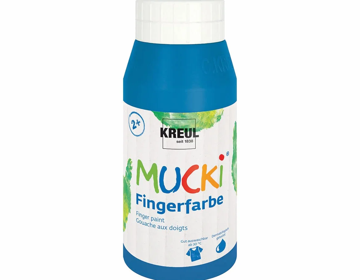 Kreul 23208 - Vernice Luminosa per Dita Mucki, 750 ml in Blu, Senza parabeni, Senza glutine, Senza lattosio e vegana, Lavabile, verniciabile con Pennello, Spugna, spatola e Dita
