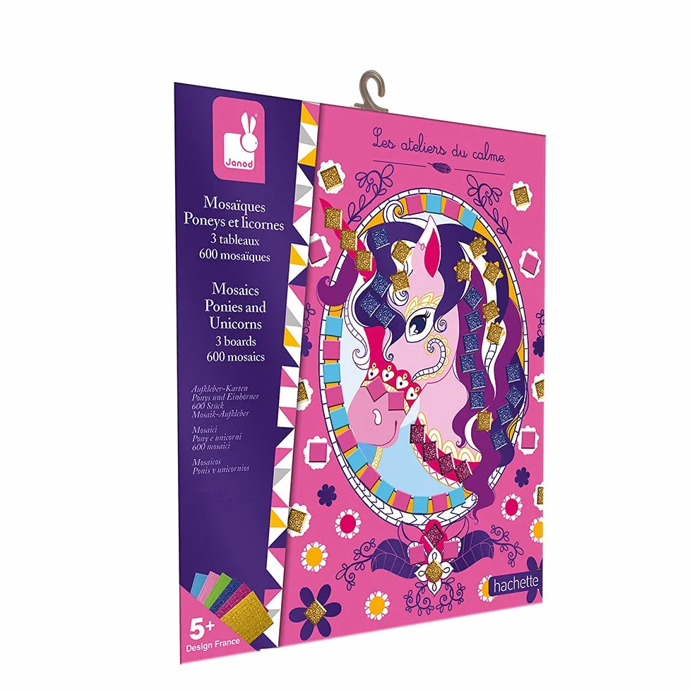 Janod - Set Creativo Mosaici in Gommapiuma Poneys e Unicorni - Les Ateliers du Calme - Abilità Motorie Fini e Apprendimento della Concentrazione - dai 5 Anni in su, J07957