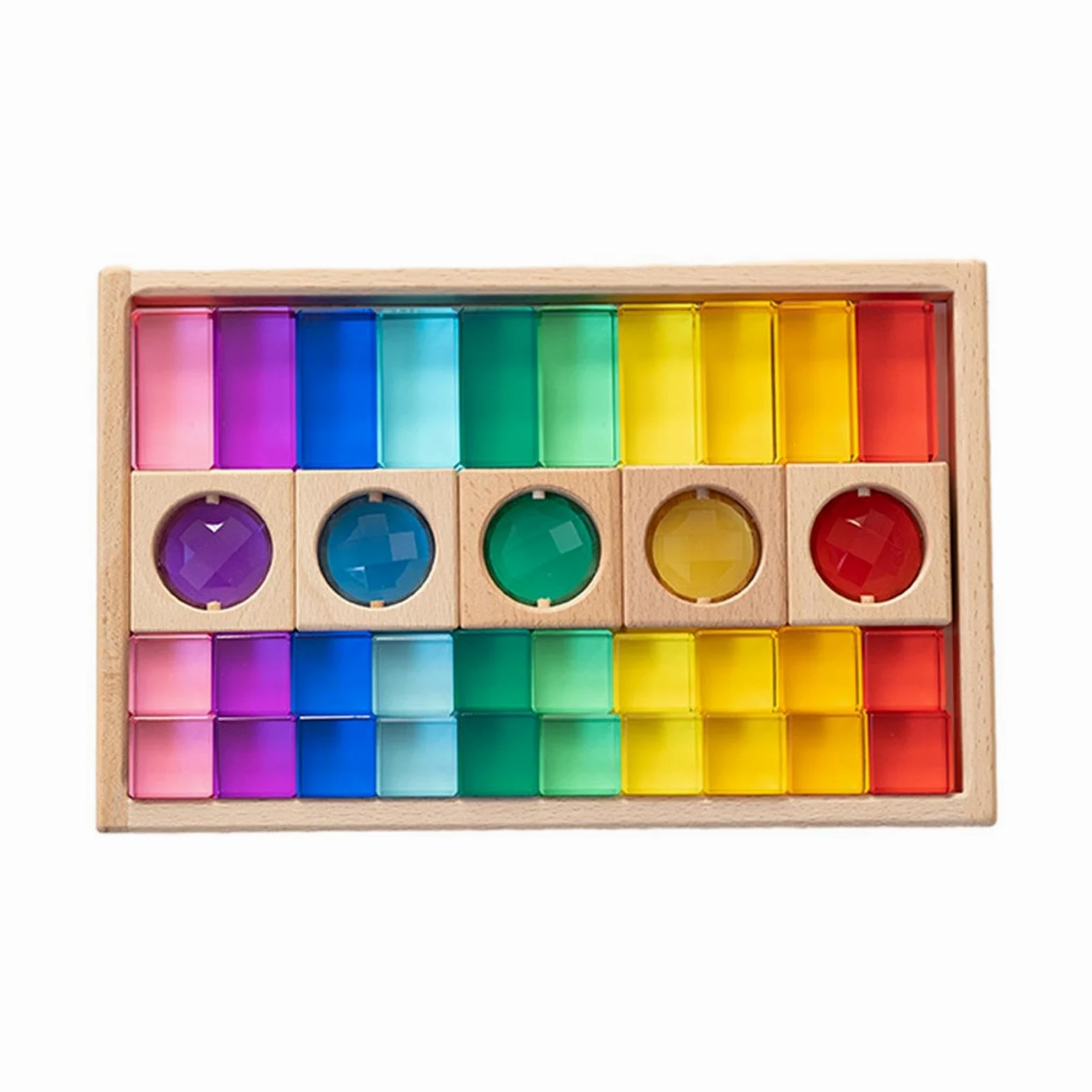 Set di 30 Blocchi da Costruzione Arcobaleno, Gioco di Impilamento, Gioco di Dadi, Cubi in Acrilico Effetto Pietra Preziosa con Base in Legno per Bambi, 35 Pezzi