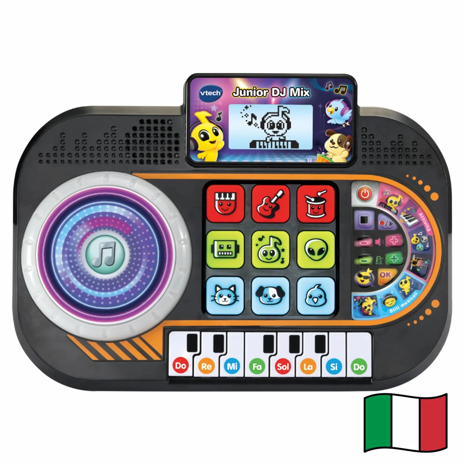 VTech Junior DJ Mix, Console da DJ per Bambini, Pulsante Registrazione, DJ Mix da Bambini con Tasti del Pianoforte, Schermo LCD e Piatto con Disco Luminoso, Lingua Italiana, Batterie Incluse, 3-7 Anni