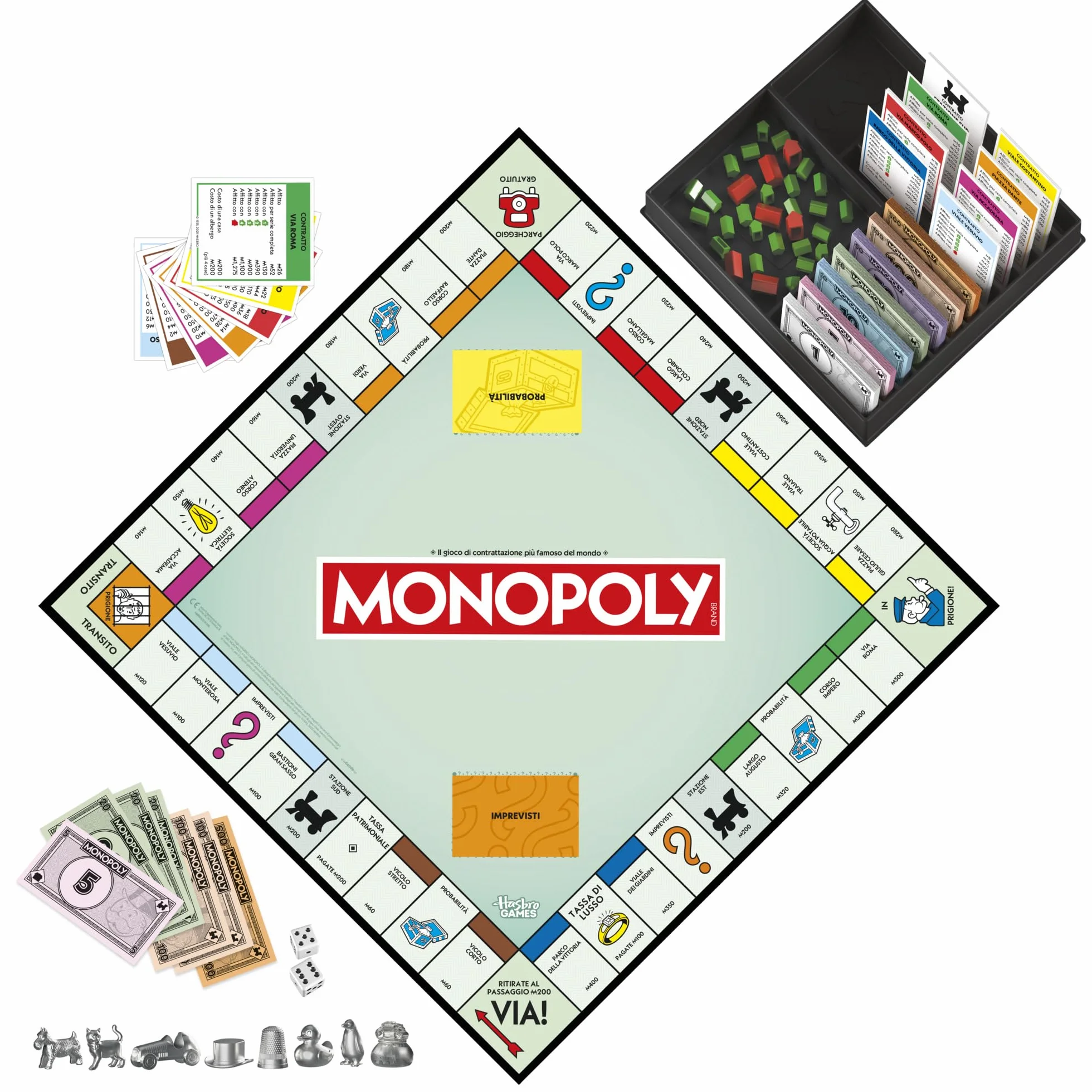 Monopoly Gioco da Tavolo Hasbro per Famiglia 2-6 Giocatori 8+ Anni Italiano Vaschetta Contenitore Pedine Grandi