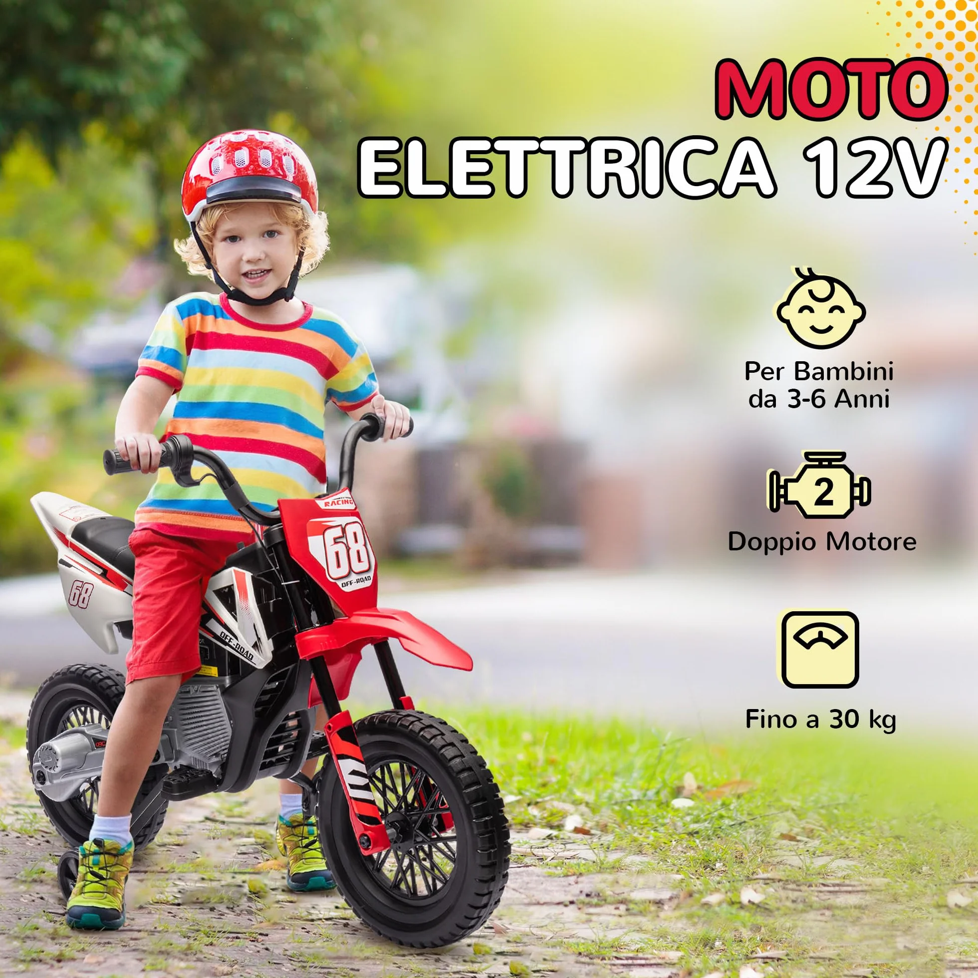 AIYAPLAY 12V Moto Elettrica per Bambini 3-6 Anni con 2 Motori e Acceleratore Manuale, Mini Moto Cross per Bambini con Sospensione, Ruote Rimovibile, Indicatore di Carica, Suoni, 2.4-5km/h, Rosso