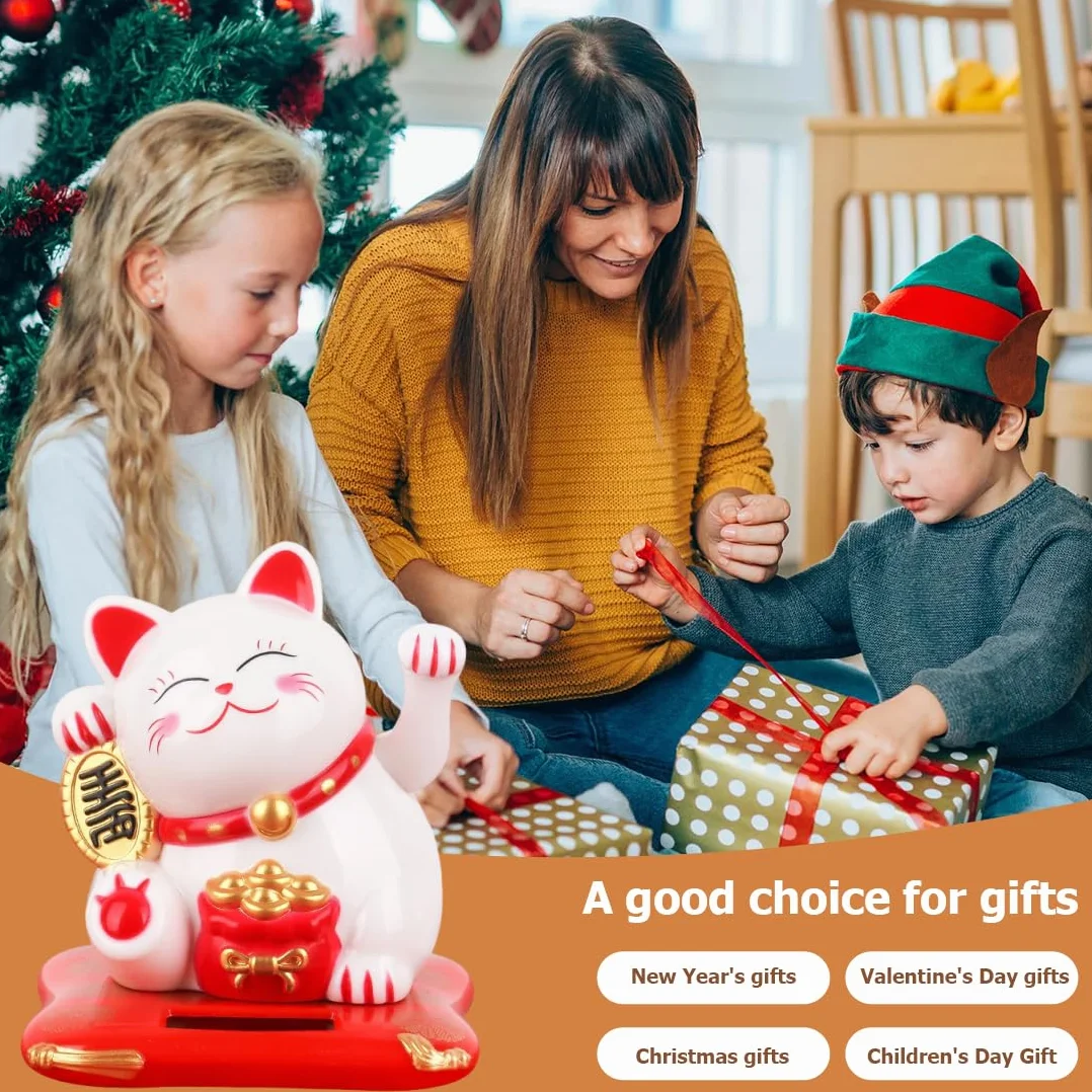Maneki Neko Lucky Cat Gatto Cinese Portafortuna ad Energia Solare Bianco