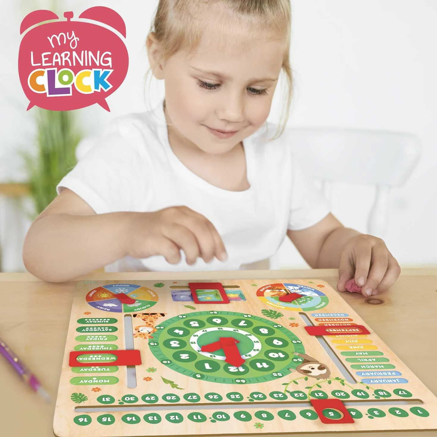 Craze My Learning Clock Animals - Orologio educativo per Bambini in Legno, Calendario per l'apprendimento dei Bambini, da Parete, Colore: Verde