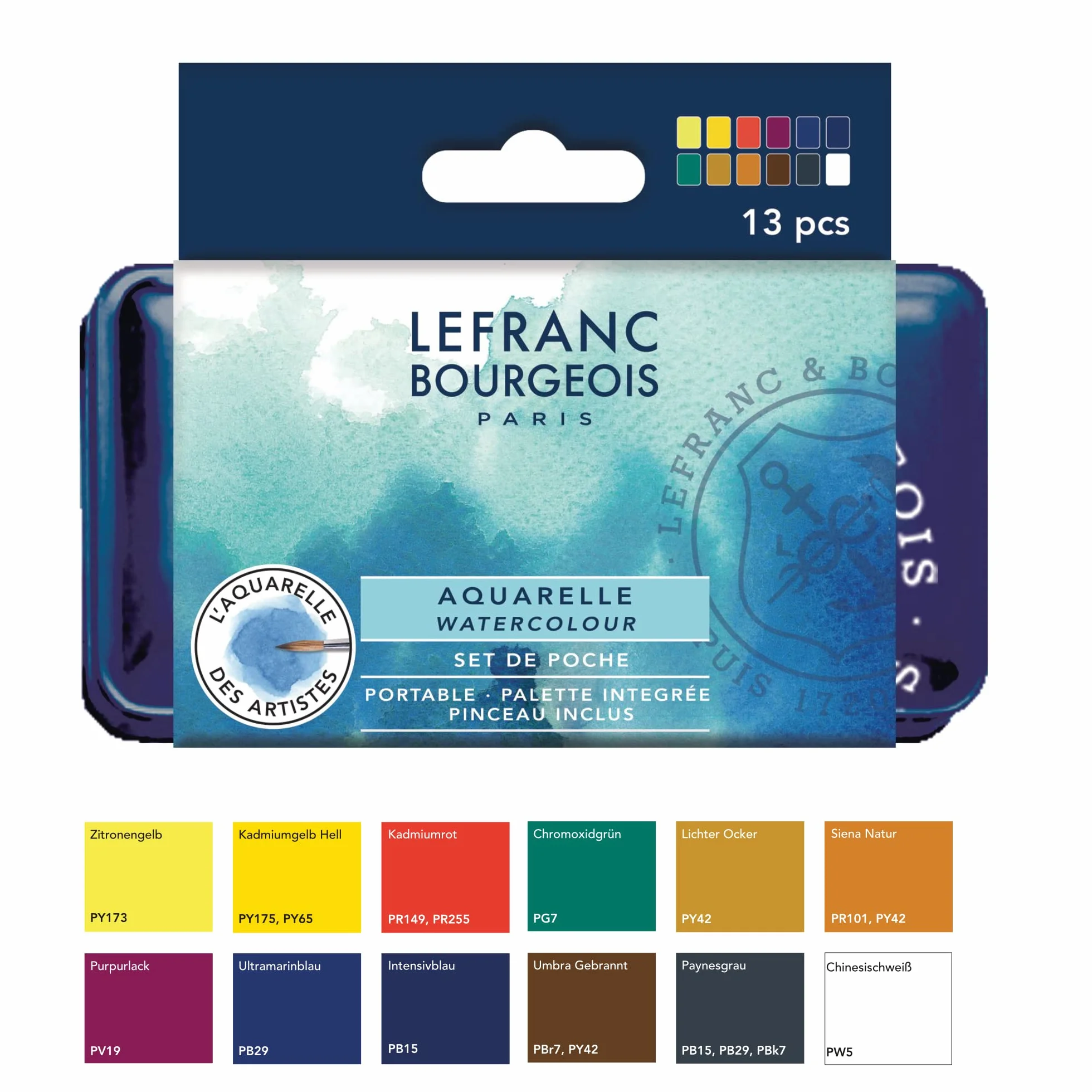 Lefranc & Bourgeois Acquarello Fine Set 12 Mezzi Godet, Pennello E Tavolozza, set di colori