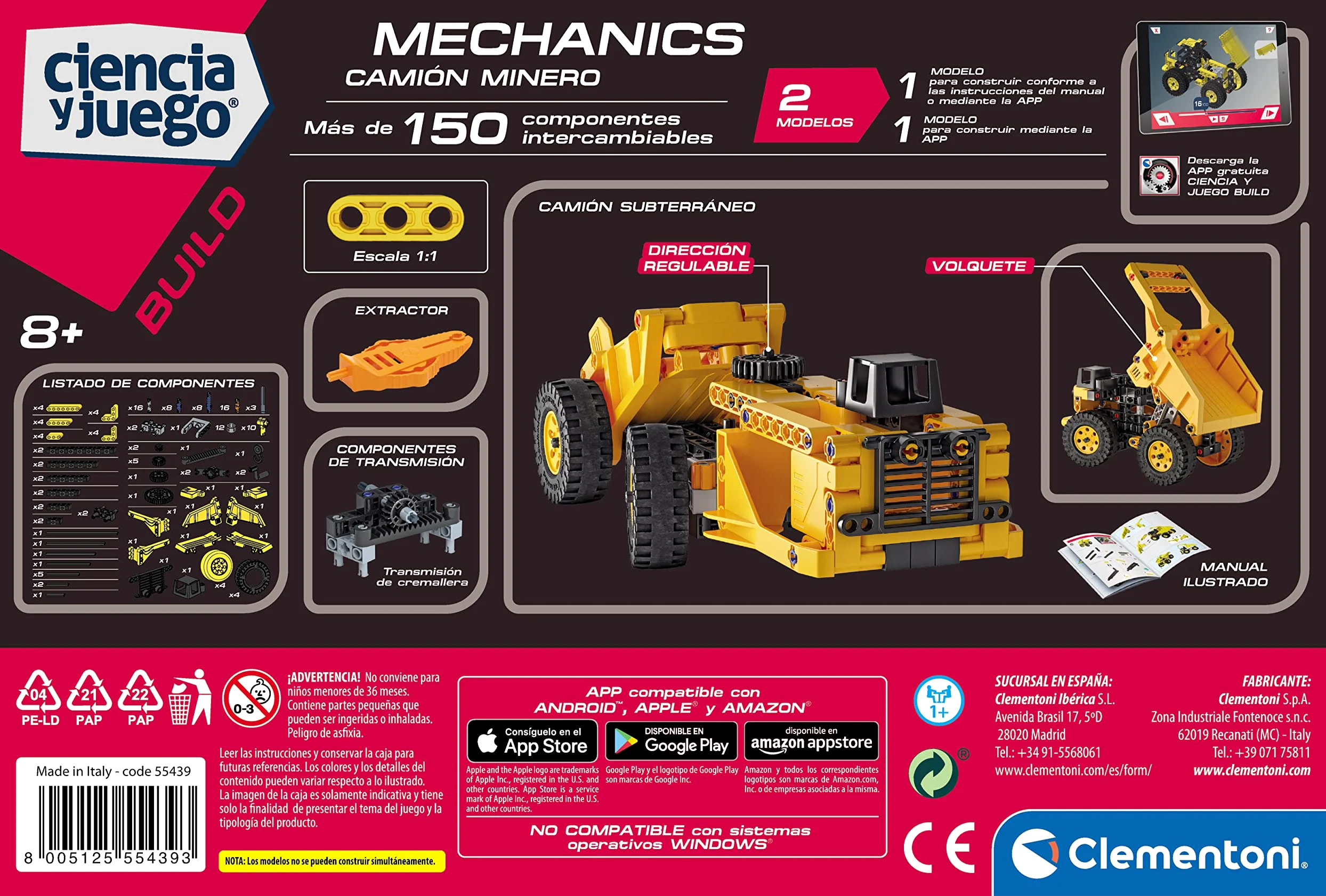 Clementoni - Mechanics Lab Camion Minero, Set di costruzione Camion con App a partire da 8 anni (55439)