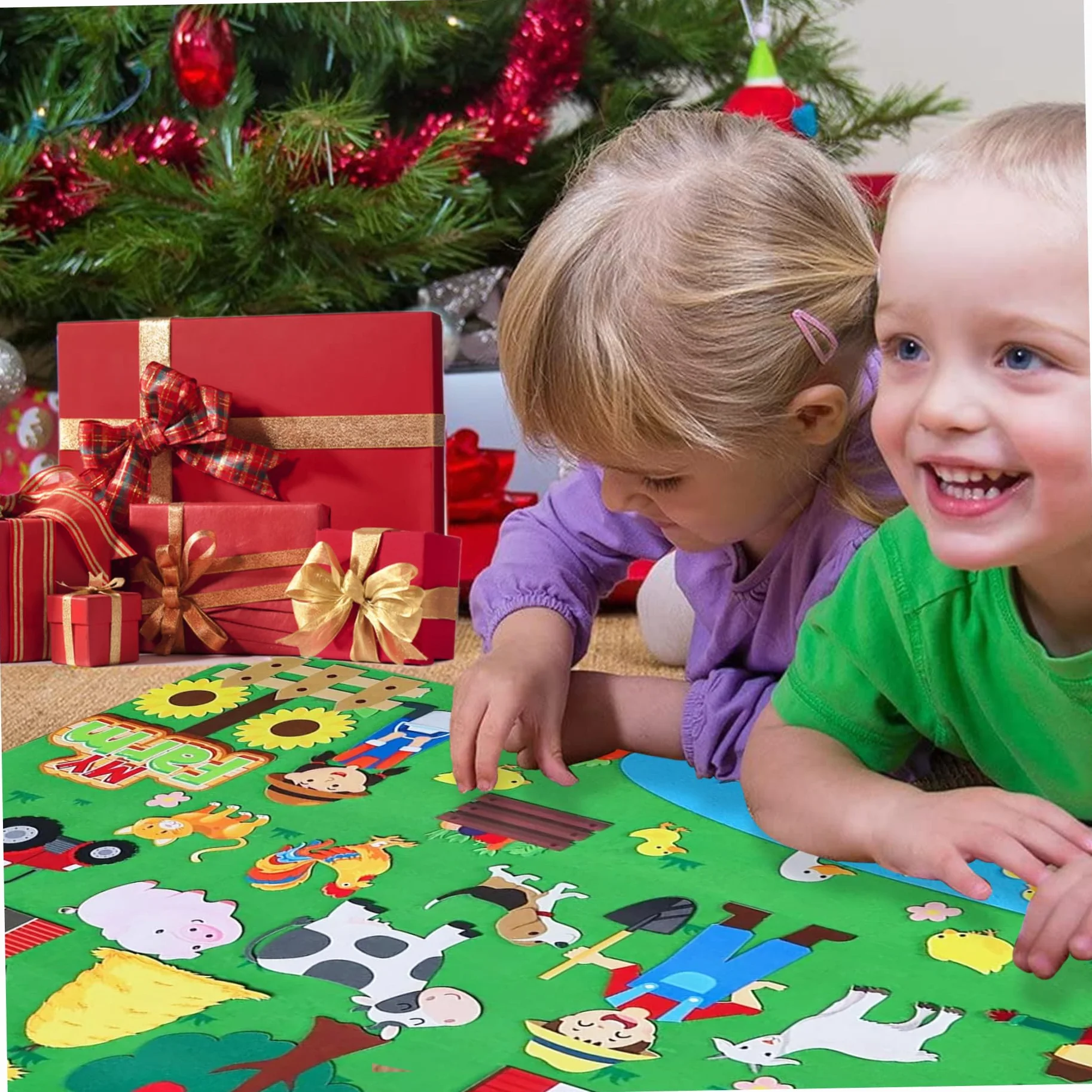 Animali da Fattoria 41x30 Pollici Lavagna in Feltro per apprendimento precoce Lavagna in Feltro interattiva da Appendere alla Parete per Bambini Famiglia Rol di Natale