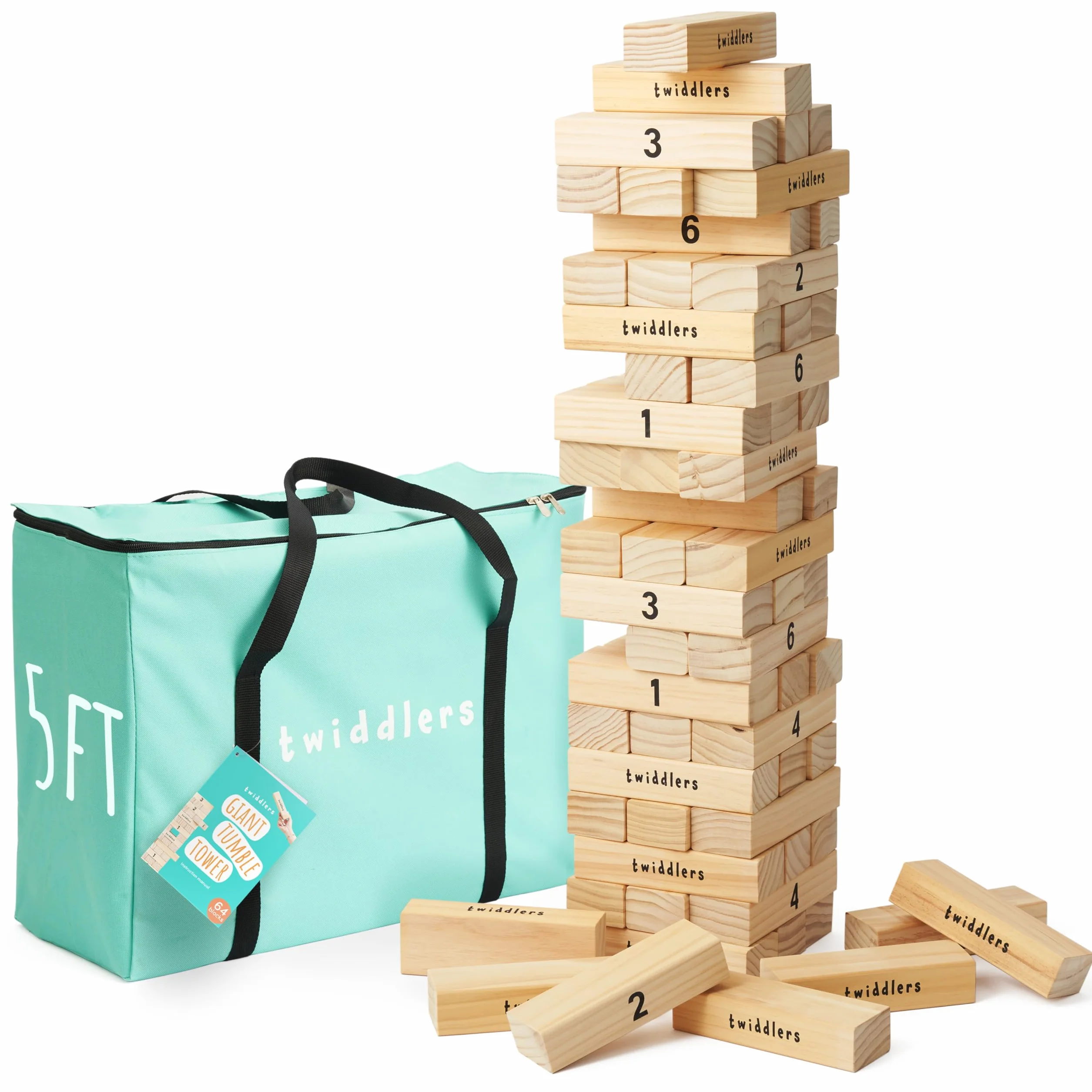 THE TWIDDLERS Torre di Legno Gigante (64 Pezzi, Altezza 1,5m) - Gioco da Giardino XL per Bambini e Adulti con Custodia, per Feste, Compleanni ed Eventi, Gioco di Società per Esterno