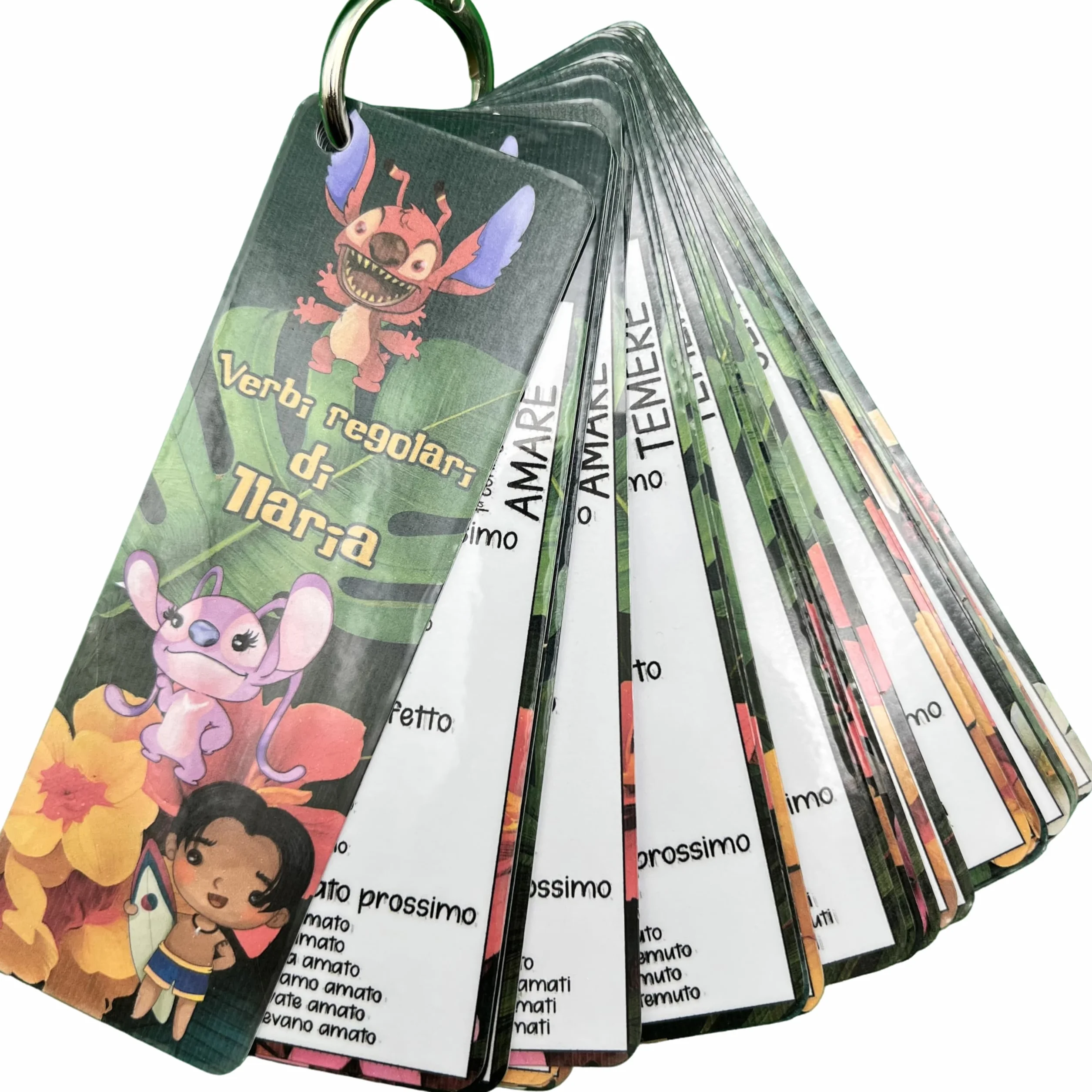 Schedine Verbi Regolari Personalizzate con Nome – Schede Didattiche Plastificate con Anello per Bambini – Personaggi Principesse, Maghi, Dinosauri, Fumetti – Scuola Primaria