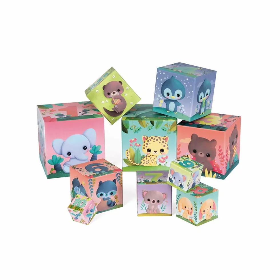 Janod - Animali Quadrati Piramidali - Gioco per L’Apprendimento e Prima Infanzia - Giocattolo di Impilamento e Incastro - Apprendimento di Numeri e Dimensioni - A Partire da 1 Anno, J02652
