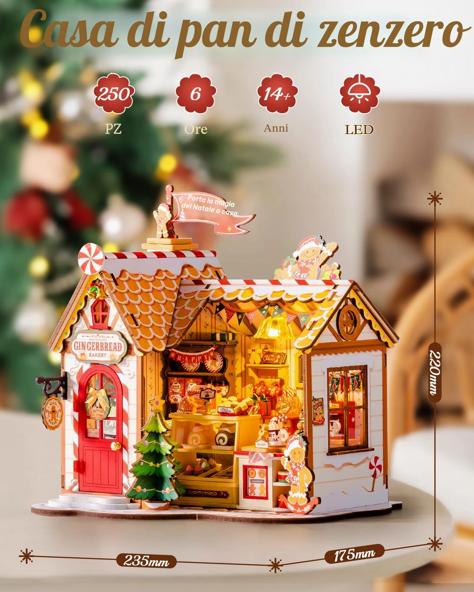 Rolife Casa delle Bambole di Natale Casetta Pan di Zenzero Kit Miniatura Fai-da-te Modello in Legno Decorazione Natalizia Regalo Creativo per Adulti e Ragazzi